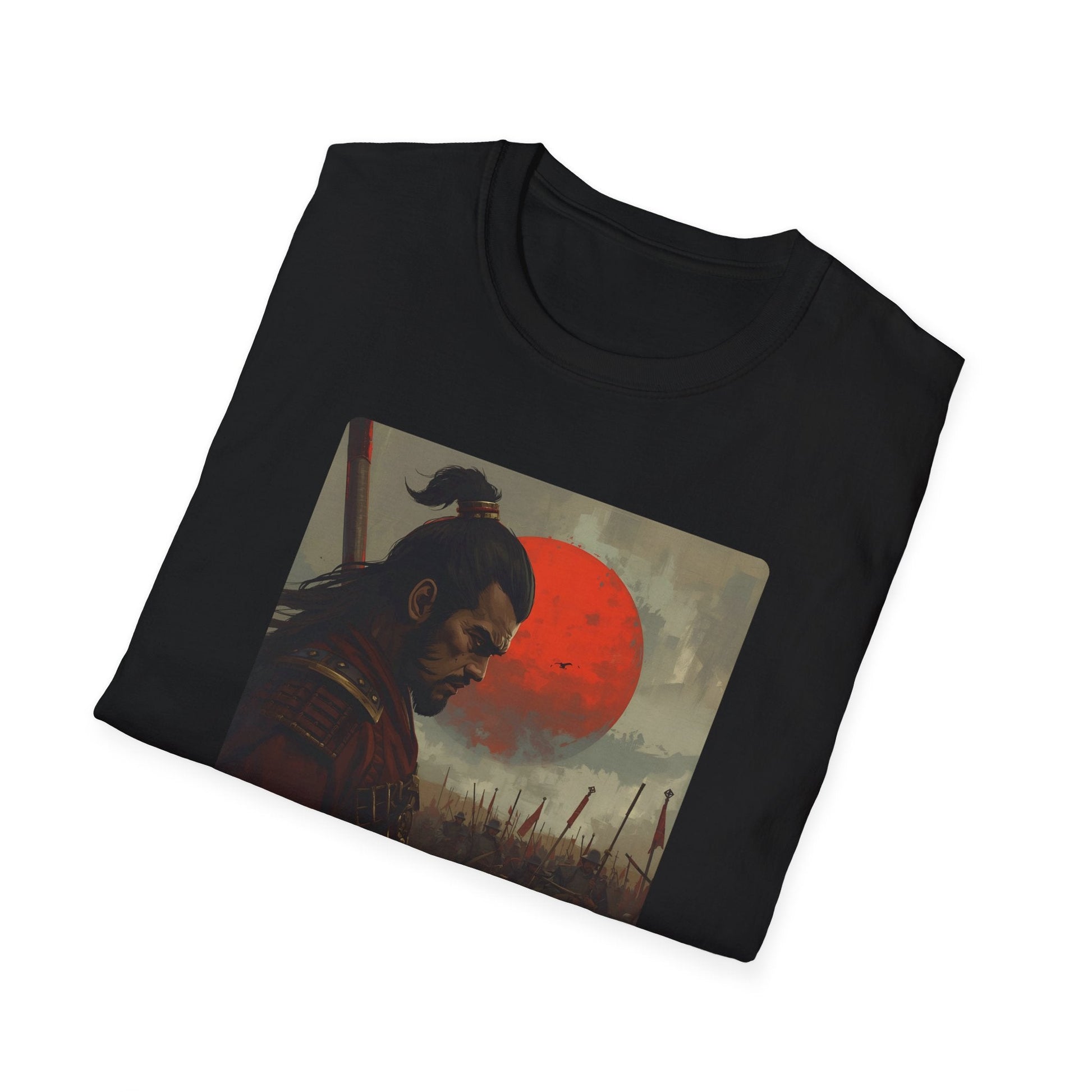 Folded After the Silence Samurai Beneath the Blood Moon T-Shirt in black showing dark samurai artwork with a red moon, battlefield scene and cinematic Japanese-inspired design.