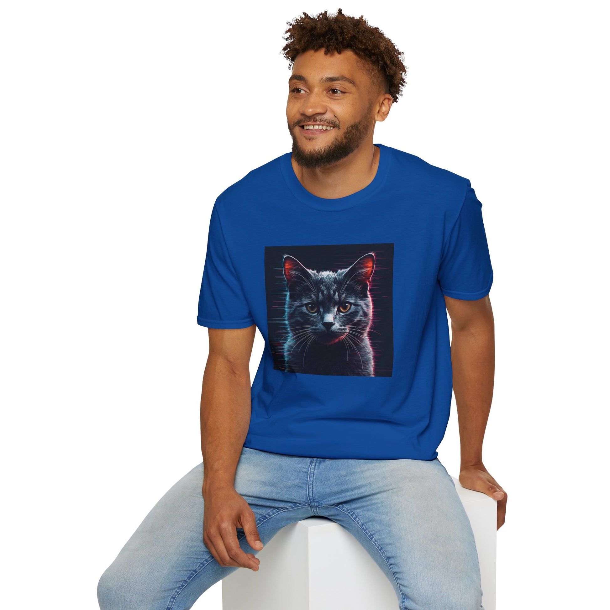 Pixellated Cat T-Shirt with retro meow artwork in Royal