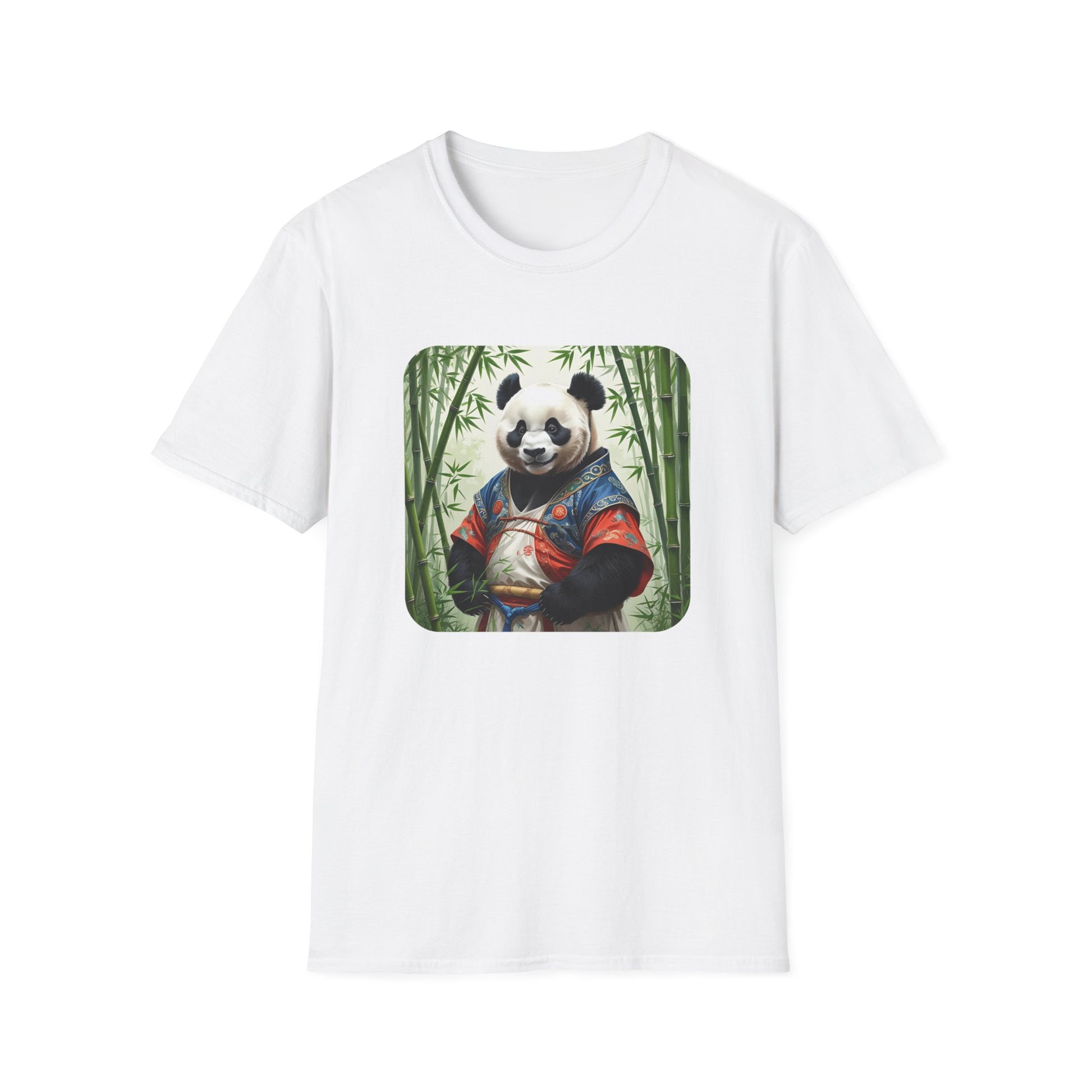 Panda Graphic T-Shirt with panda in traditional robes and bamboo artwork in White