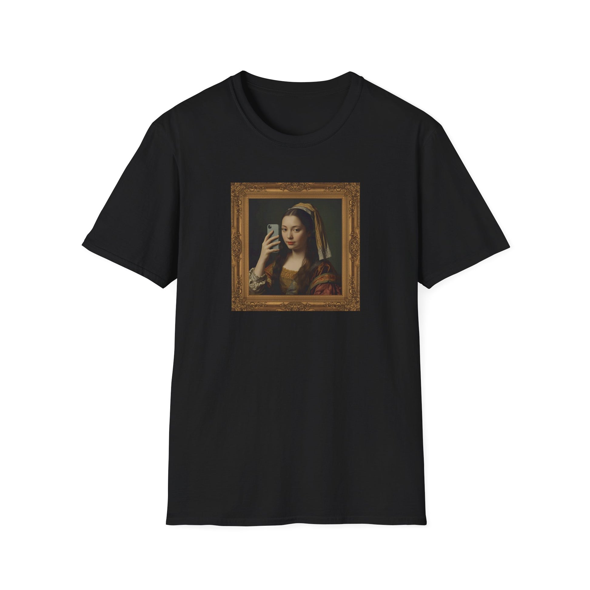 Renaissance Selfie T-Shirt with classical art parody artwork in Black