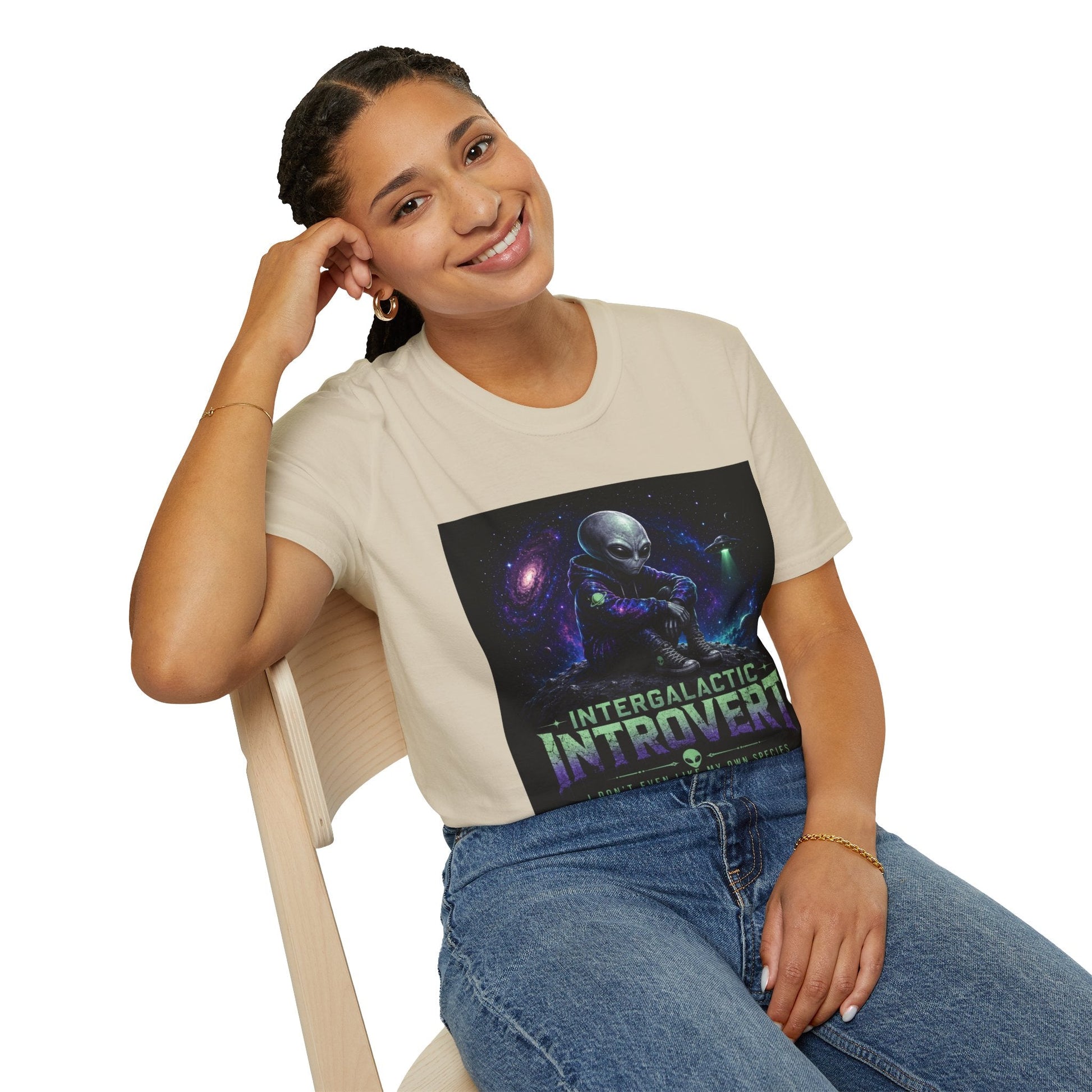 Intergalactic Introvert T-Shirt in sand shown on model with funny alien graphic design