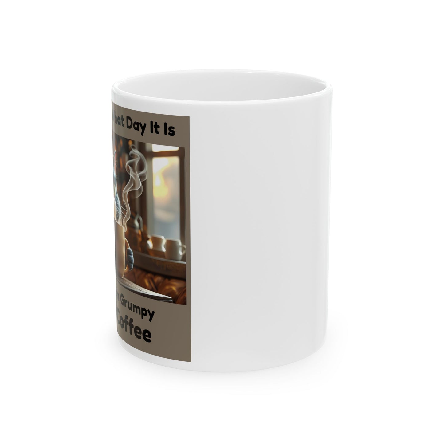Side View - White mug with a printed design featuring coffee and text on a white background