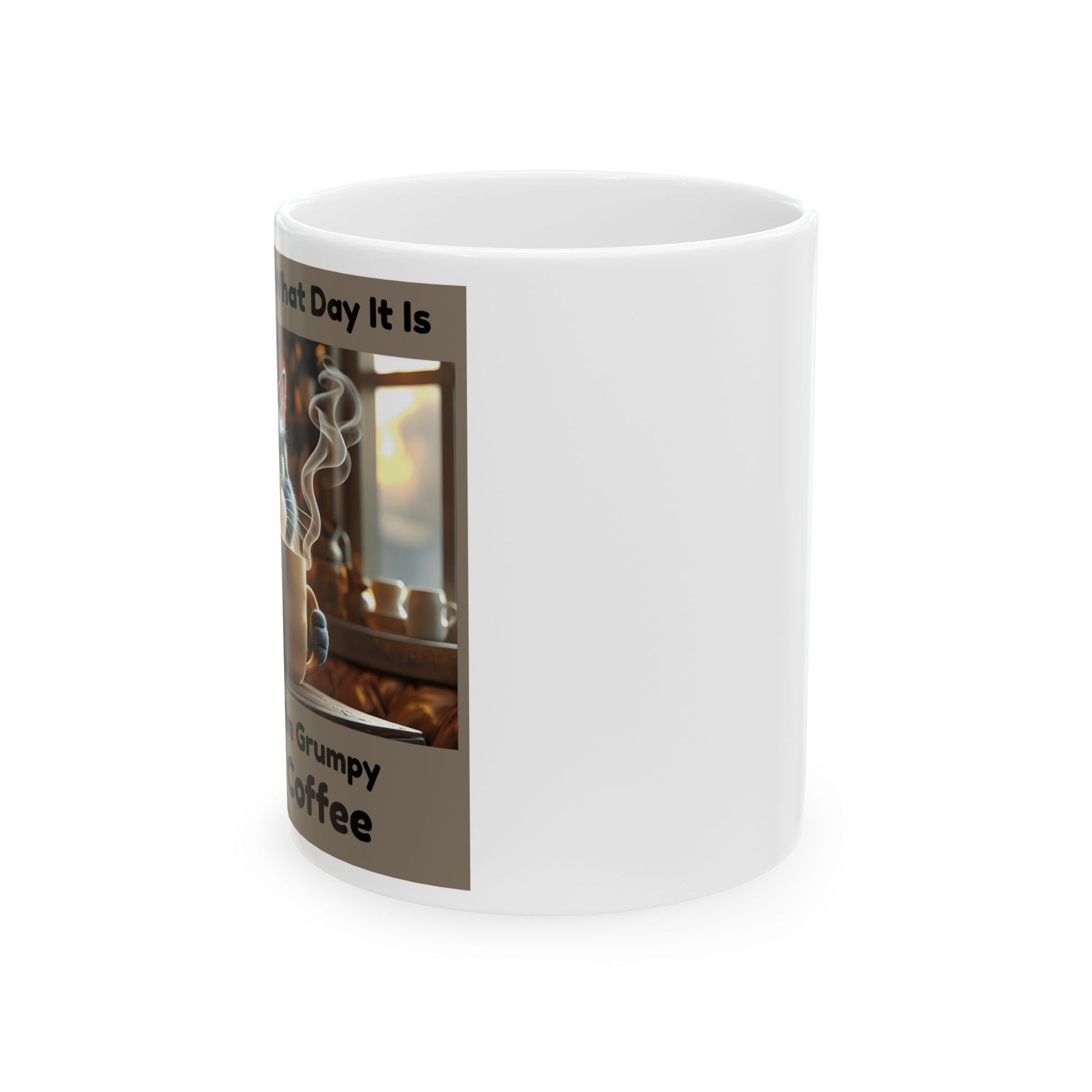 Side View - White mug with a printed design featuring coffee and text on a white background