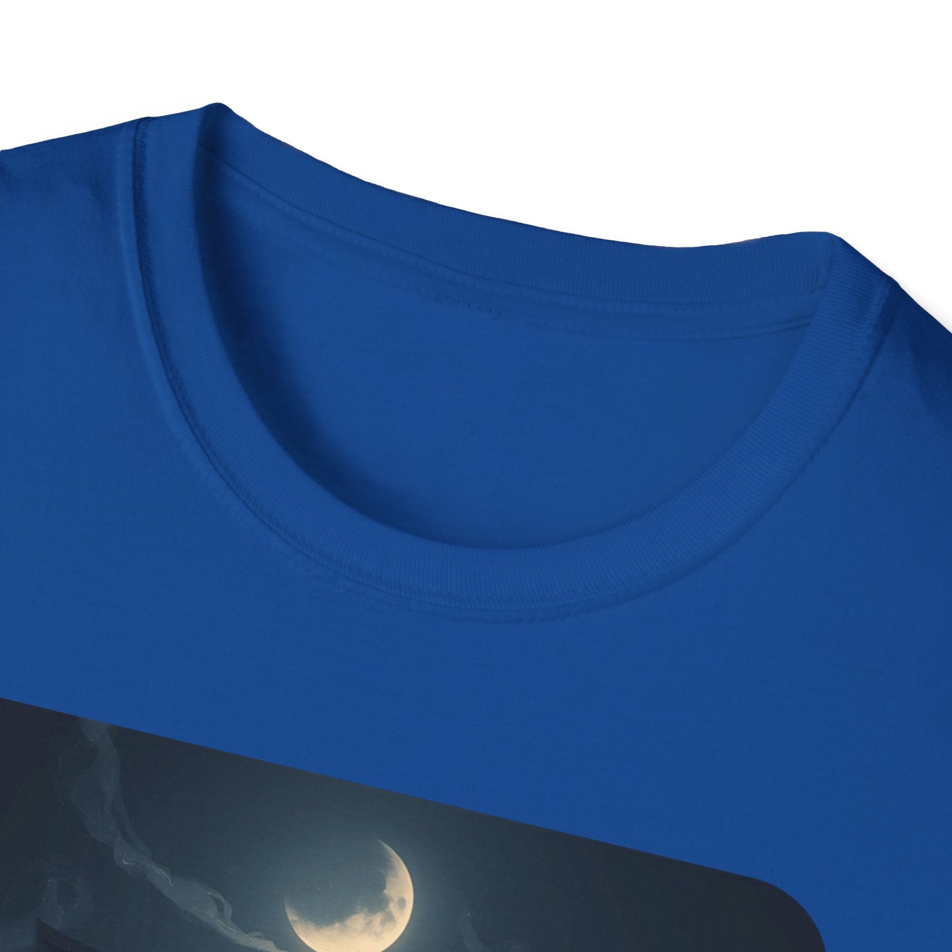 Close-up neckline view of the Into the Night Mystic Fox at the Torii T-Shirt in royal with mystical fox and torii gate artwork visible on the front.