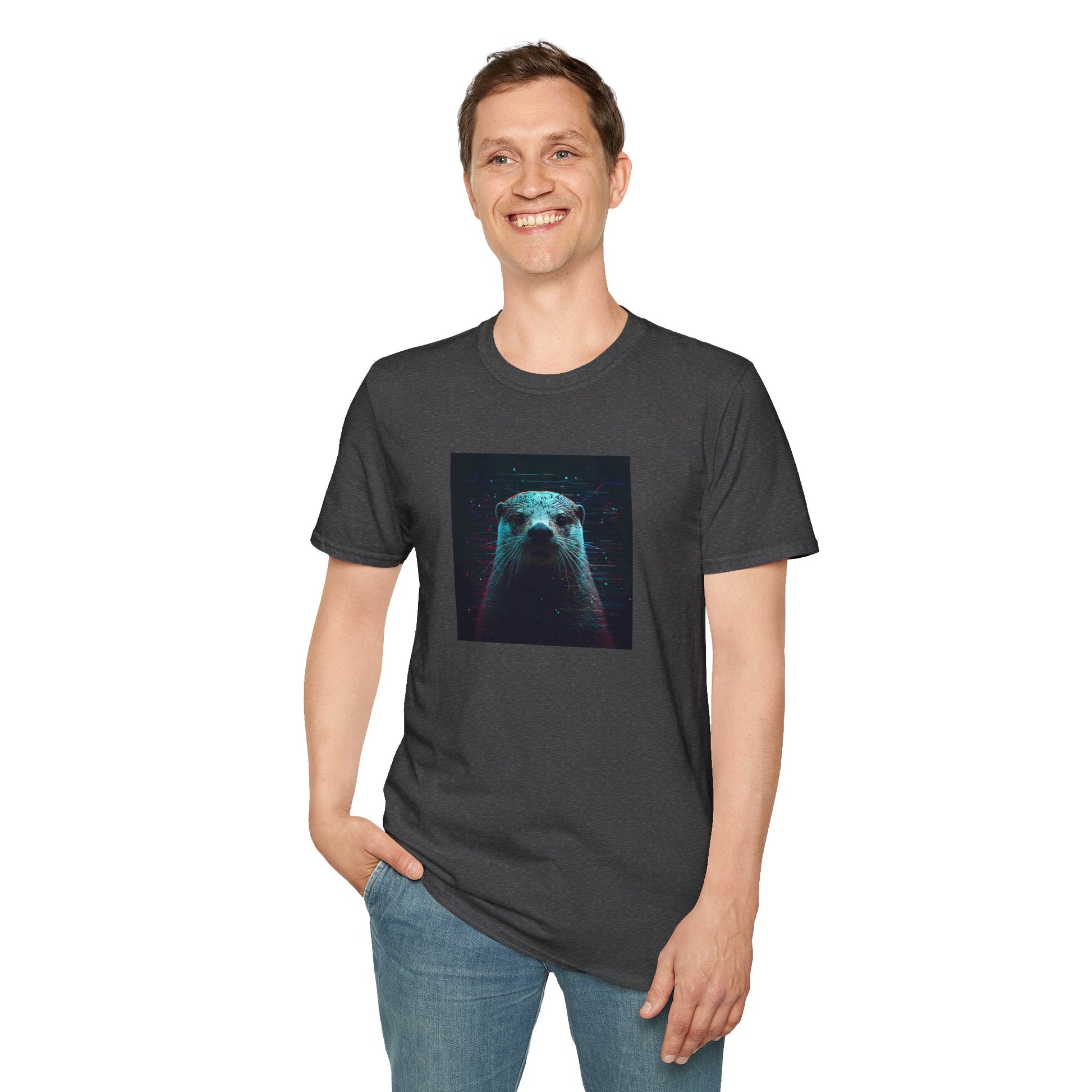 Pixellated Otter T-Shirt with retro gamer otter artwork in Dark Heather 