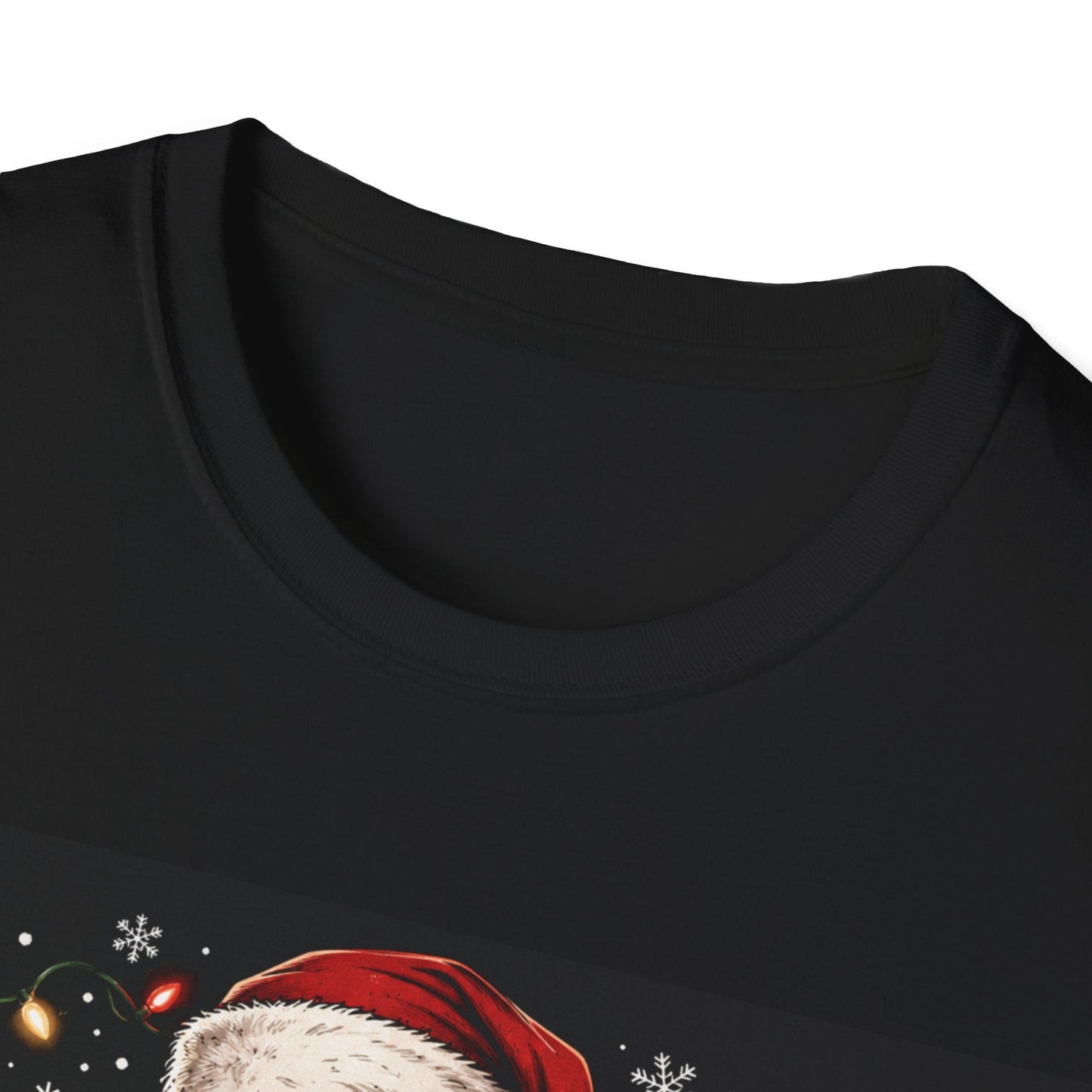 Close-up neckline image of the Santa Saw That Christmas T-Shirt in black