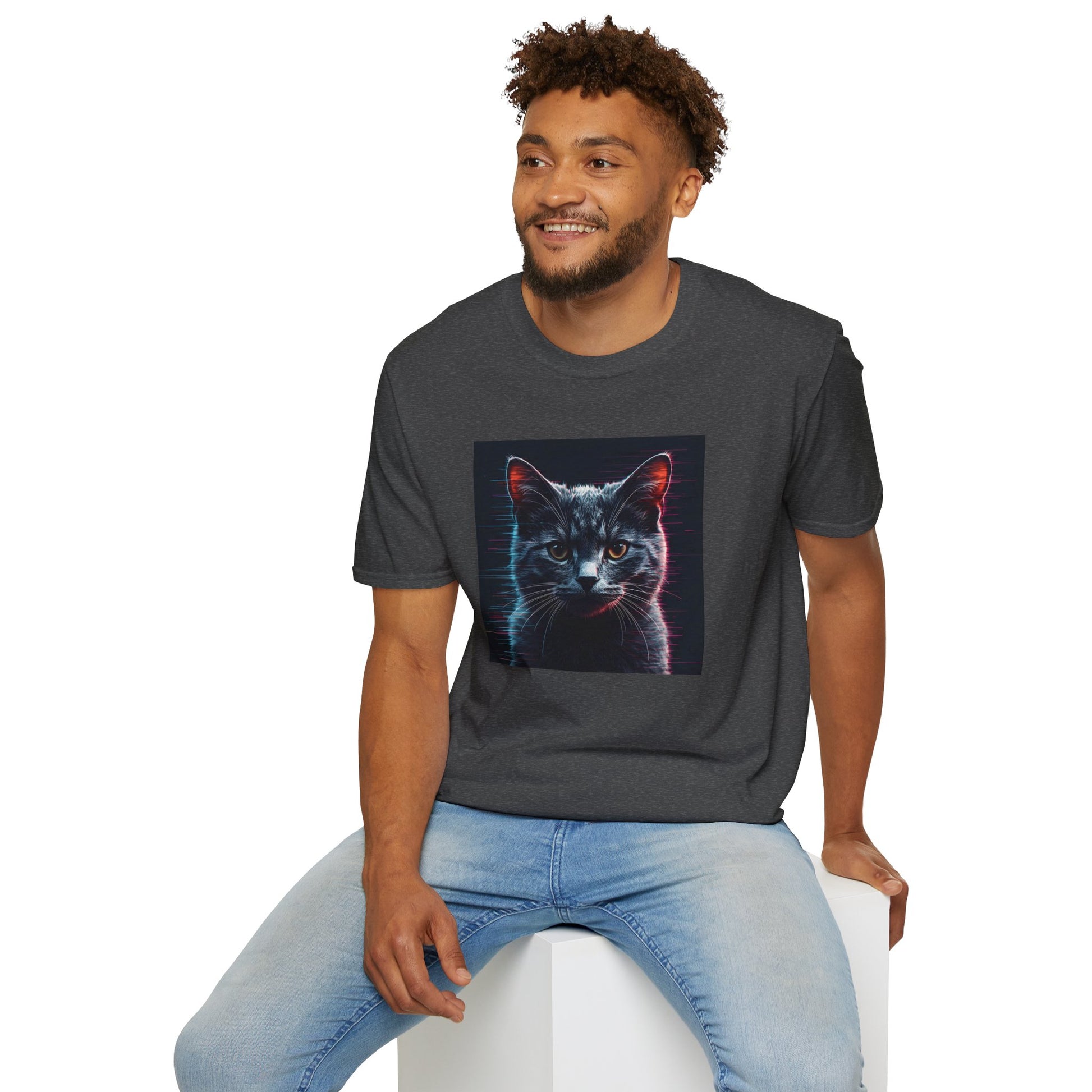 Pixellated Cat T-Shirt with retro meow artwork in Dark Heather 