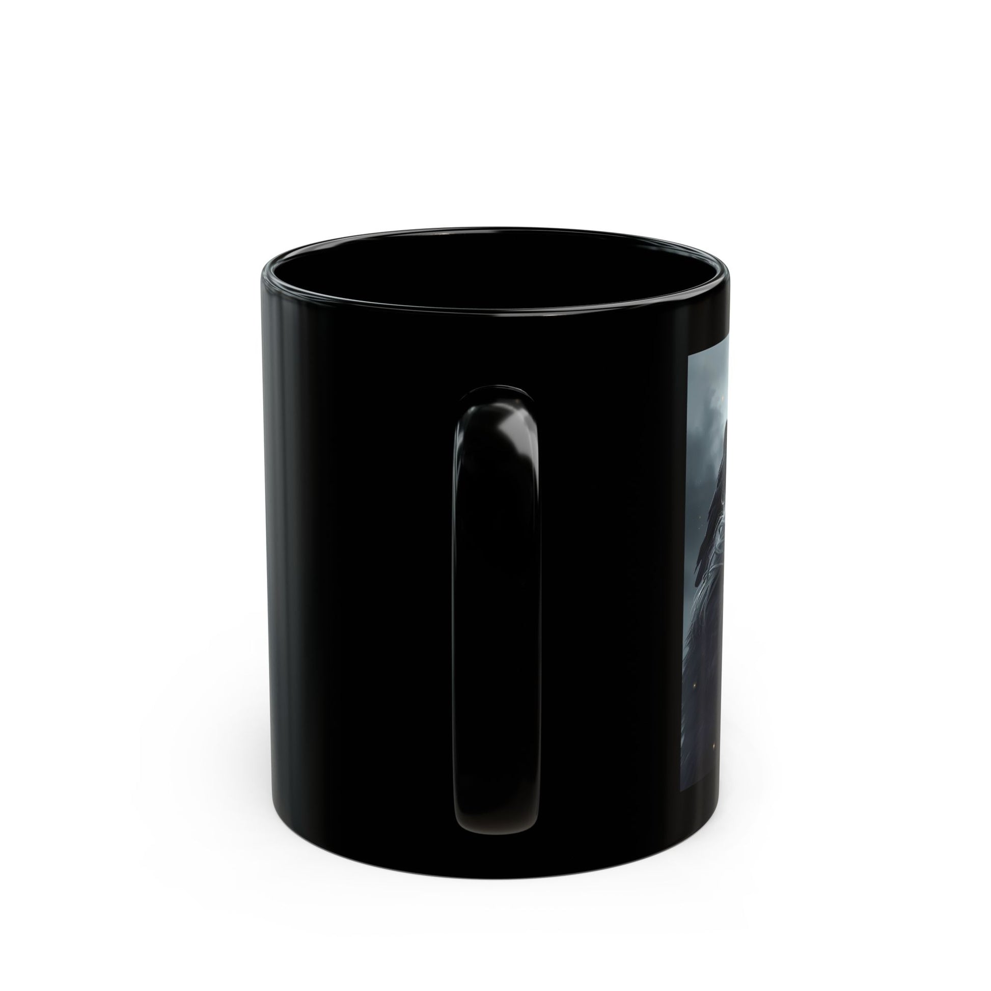 Odin - The Allfather Mug - side view - black mug with Odin image and two crows