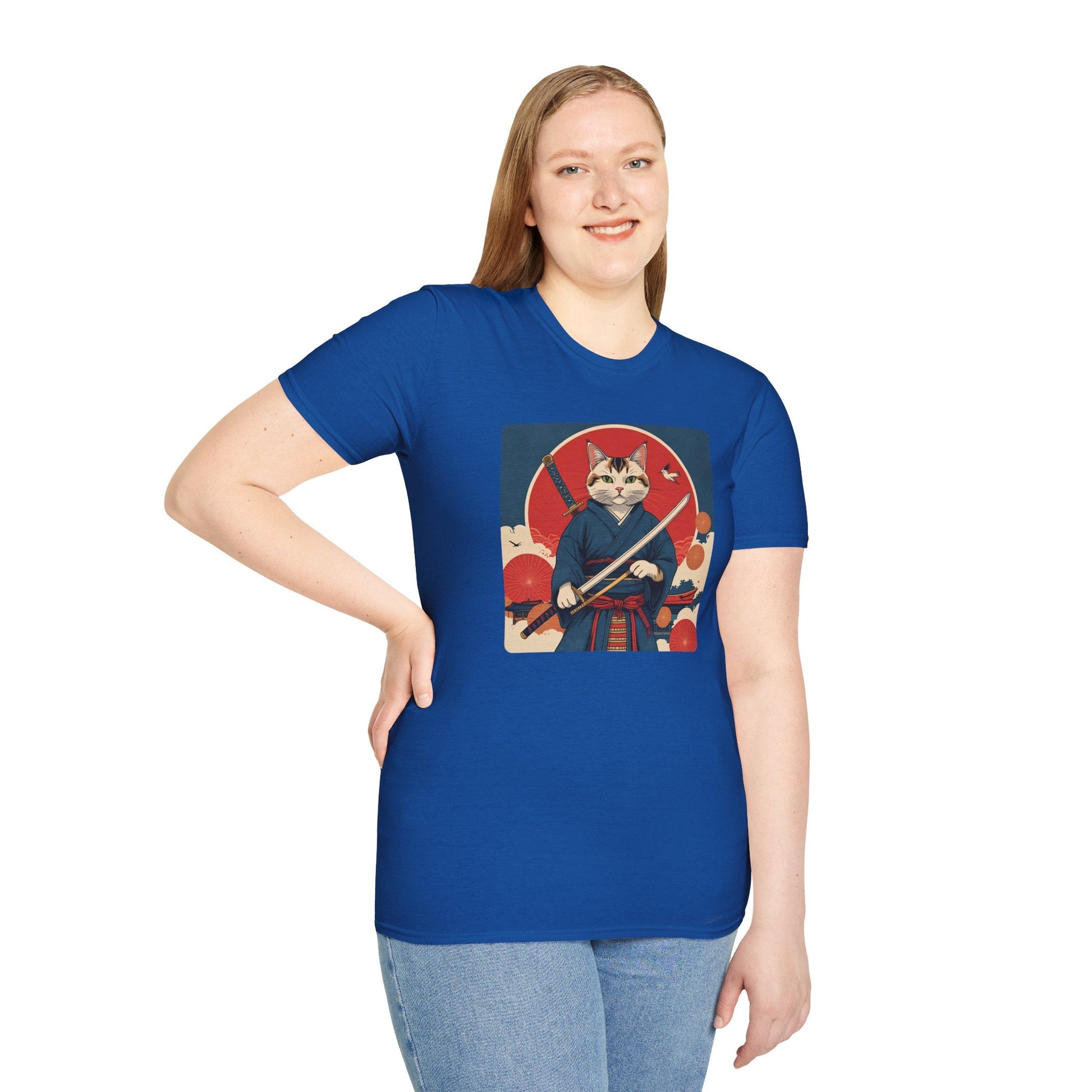 Model wearing the Whisper of the Blade Samurai Cat T-Shirt in royal featuring a samurai cat holding a sword in front of a red sun.