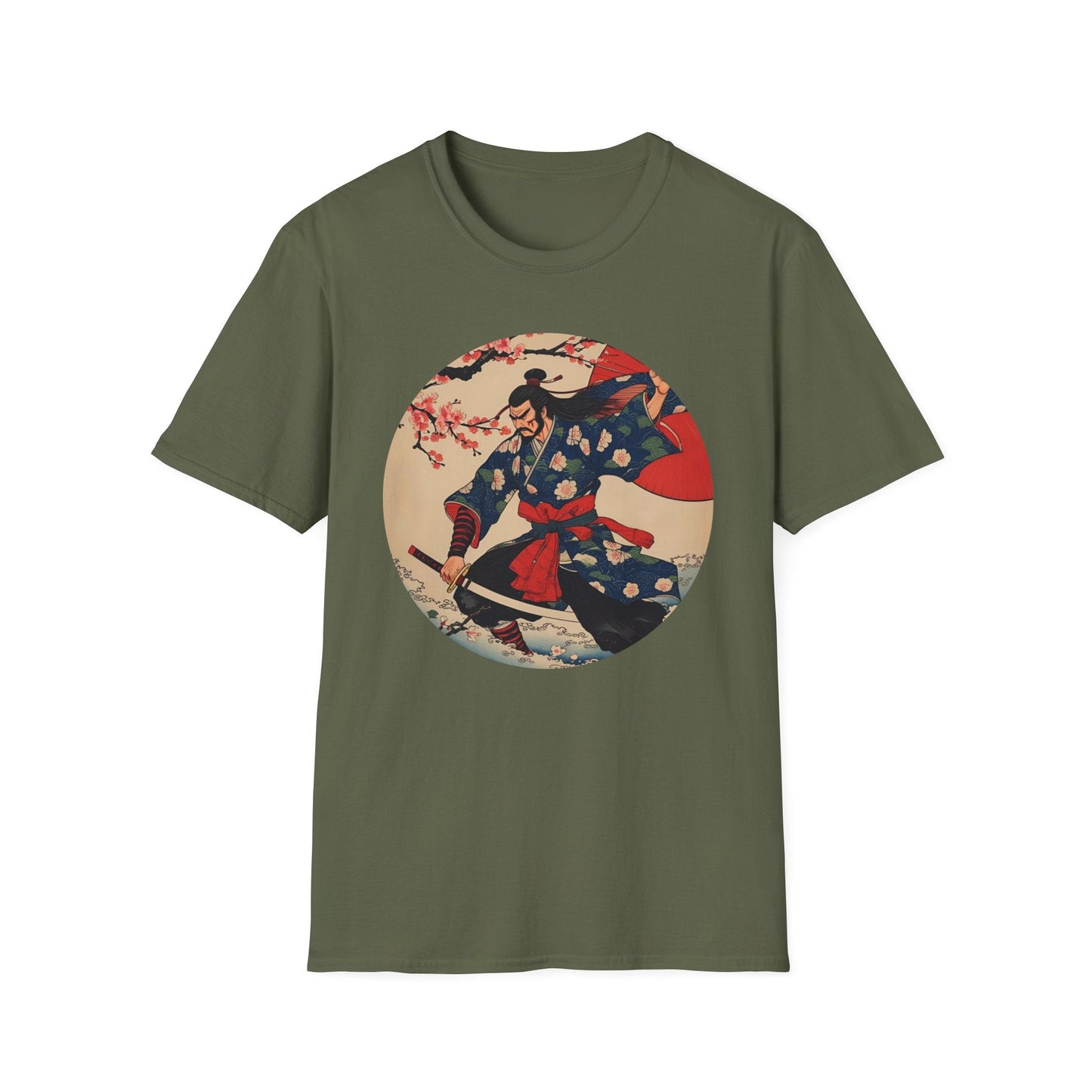 Crimson Bloom Ronin Samurai Warrior T-Shirt in military green, artwork featuring a dynamic samurai warrior with cherry blossoms, crimson parasol and vintage Japanese-inspired style.