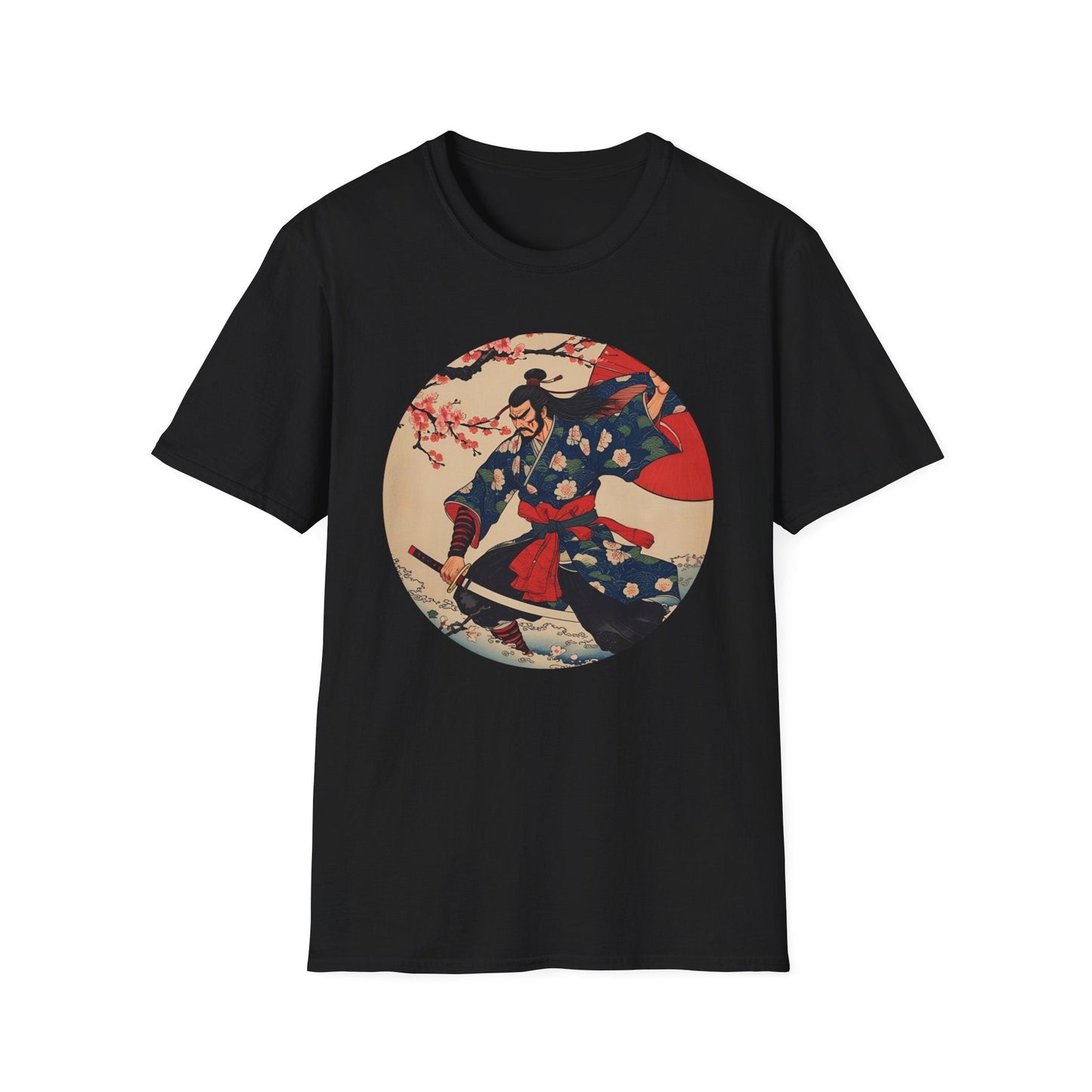 Crimson Bloom Ronin Samurai Warrior T-Shirt in black, artwork featuring a dynamic samurai warrior with cherry blossoms, crimson parasol and vintage Japanese-inspired style.