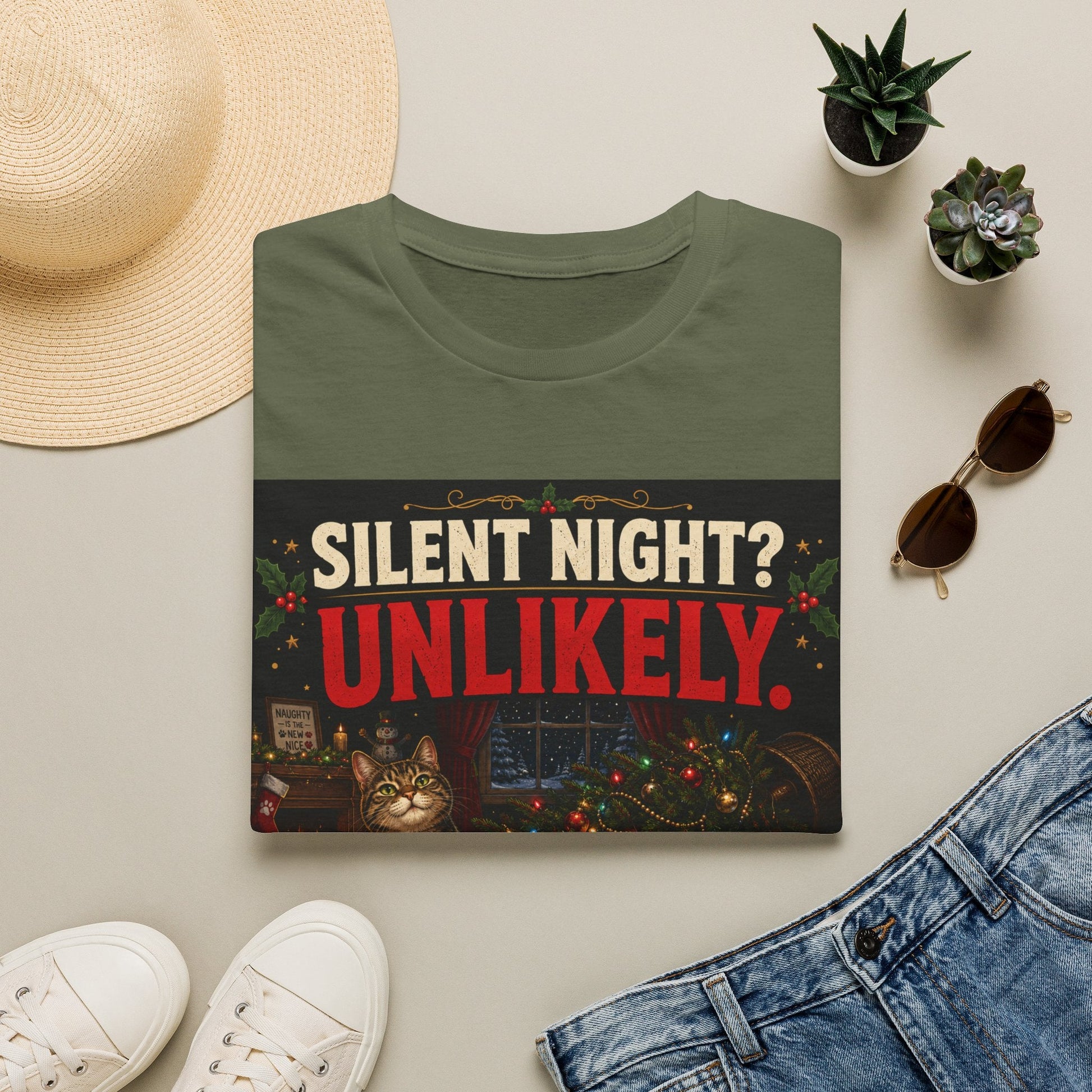 Folded Silent Night? Unlikely. Cat Christmas T-Shirt in military green showing a funny cat Christmas chaos design.