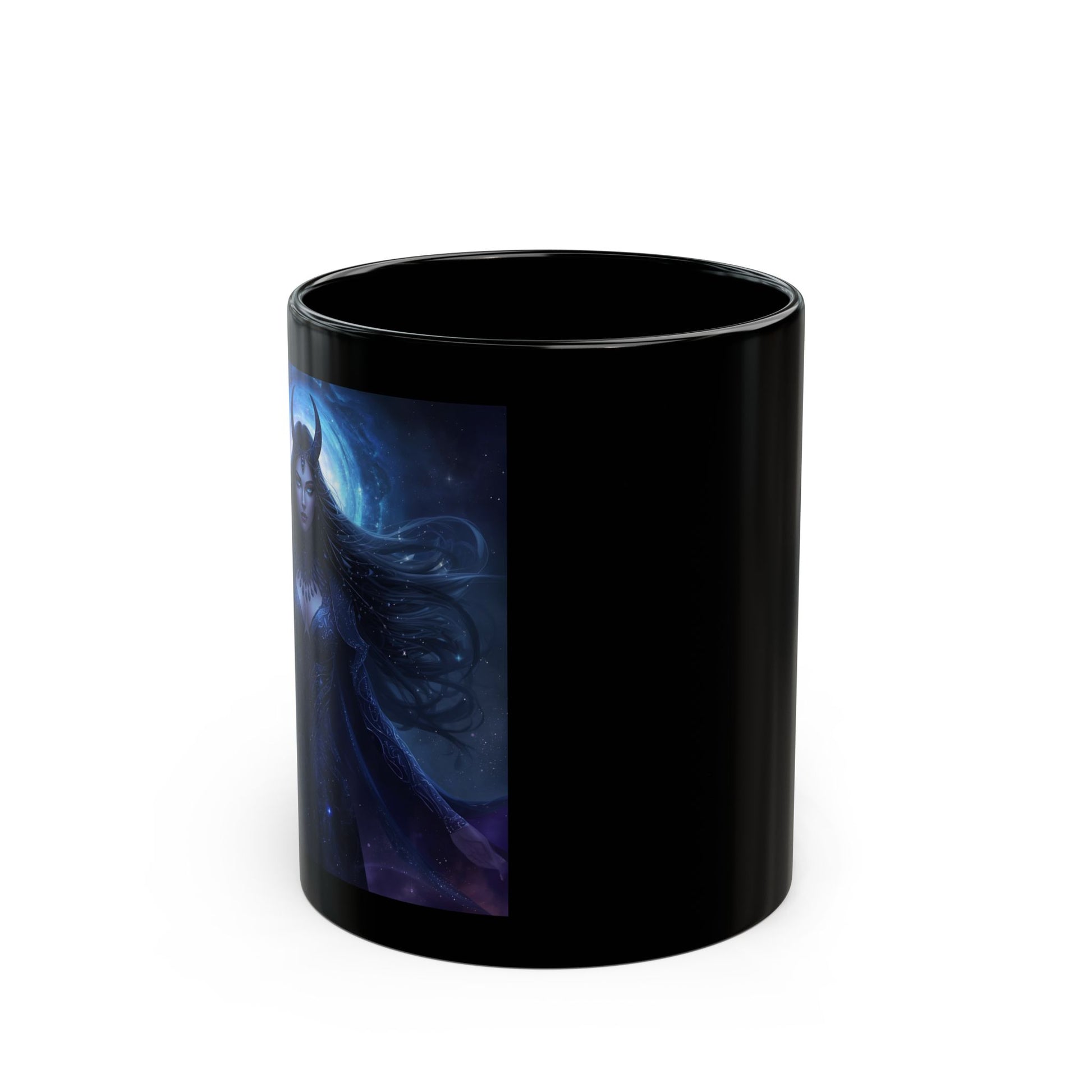 Nyx – Goddess of the Night Coffee Mug - side view - black mug with image of Nyx