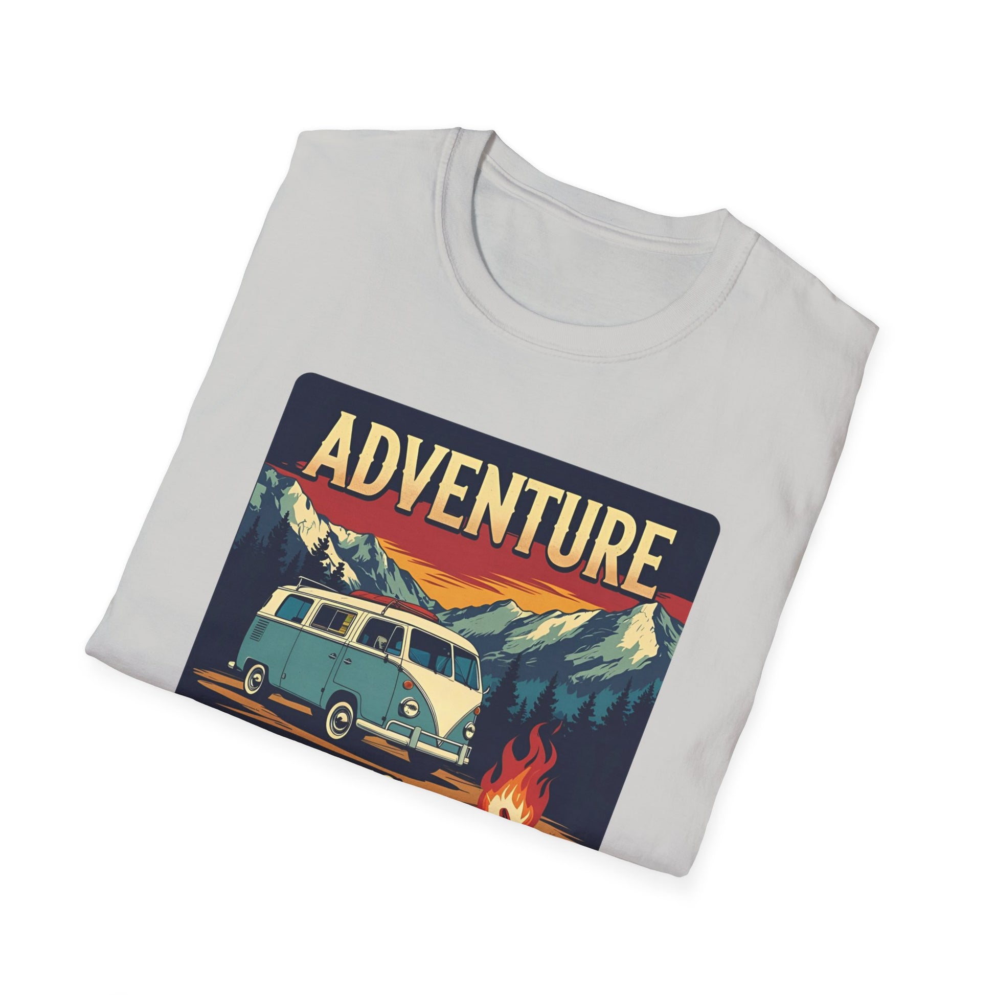Adventure Awaits - Retro Camper Van Adventure T-Shirt in Ice Grey - Folded
