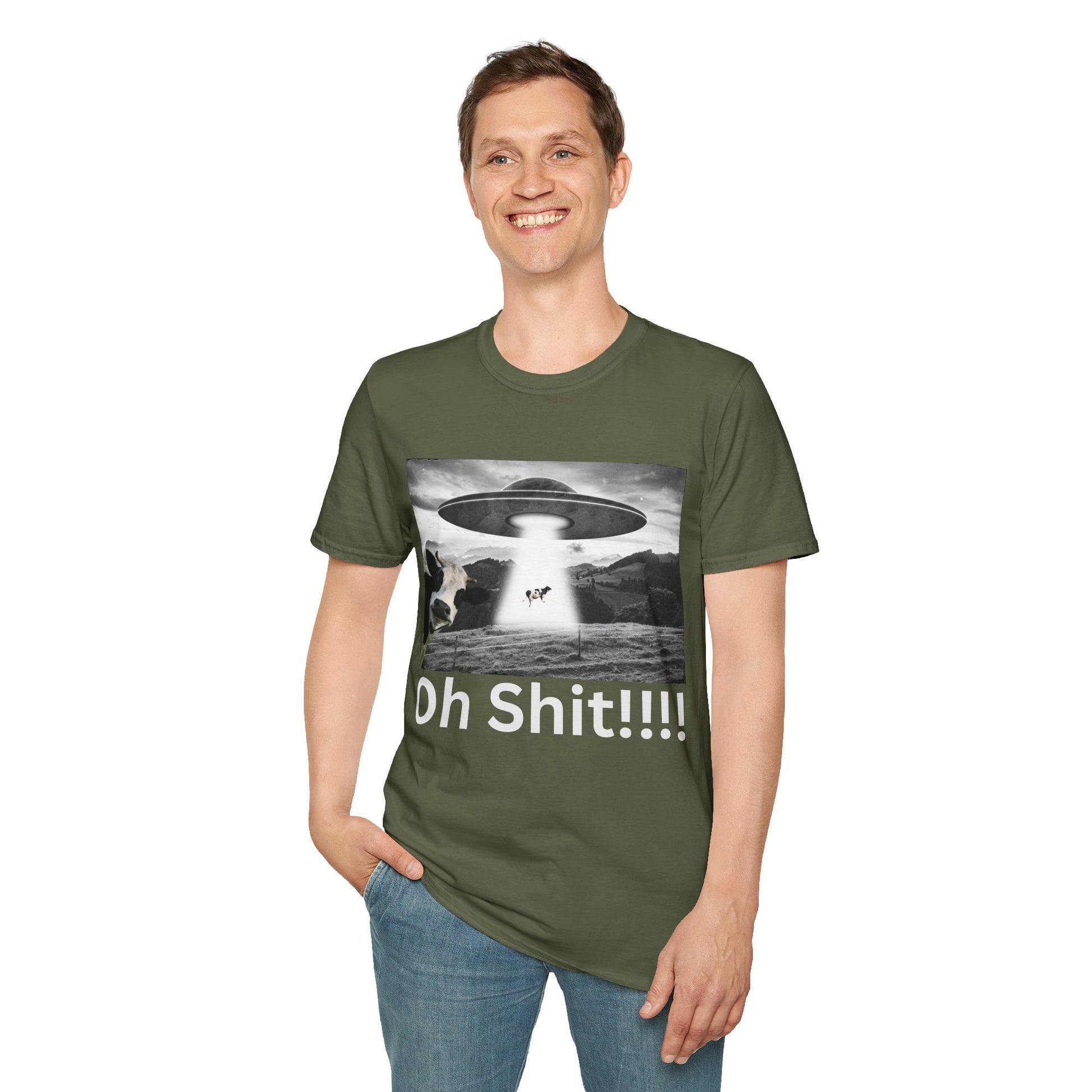Oh Shit!!!! Cow Abduction T-Shirt  in Military Green