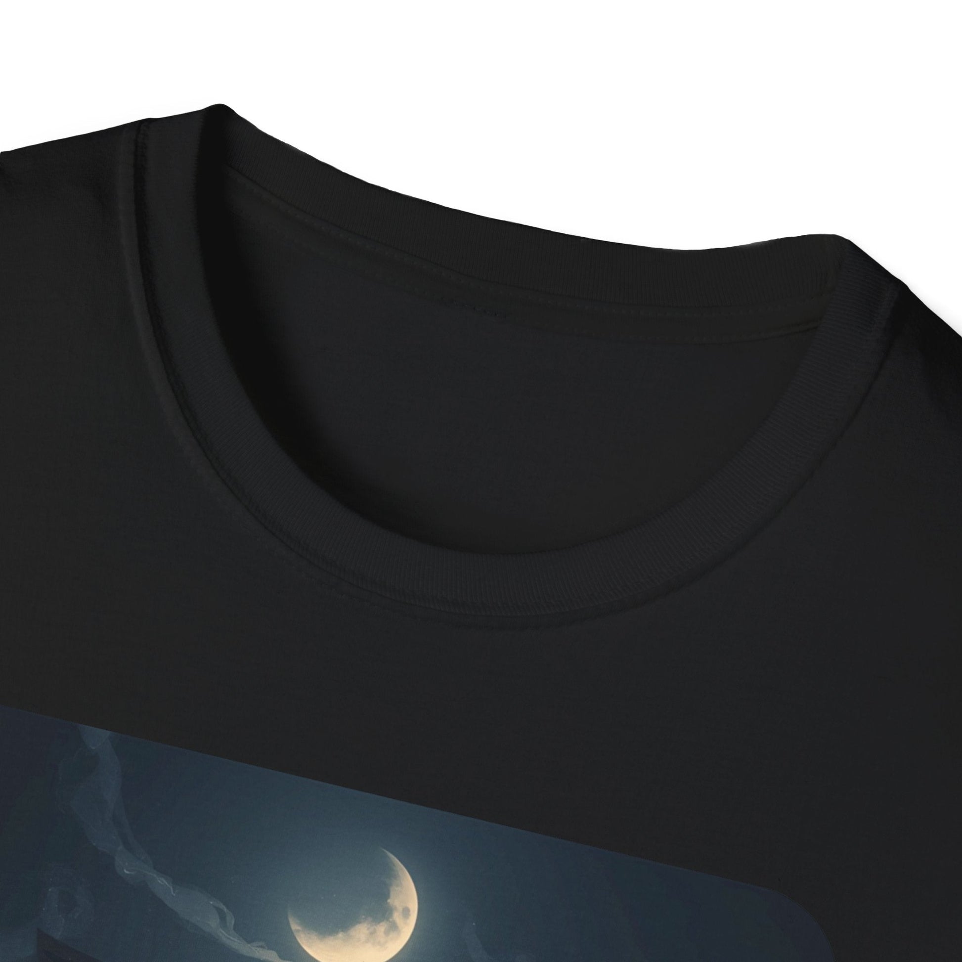 Close-up neckline view of the Into the Night Mystic Fox at the Torii T-Shirt in black with mystical fox and torii gate artwork visible on the front.