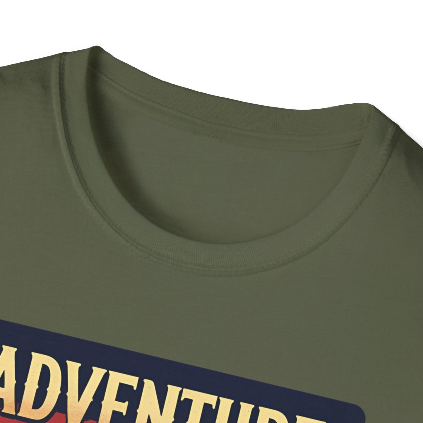 Adventure Awaits - Retro Camper Van Adventure T-Shirt in Military Green - Neckline