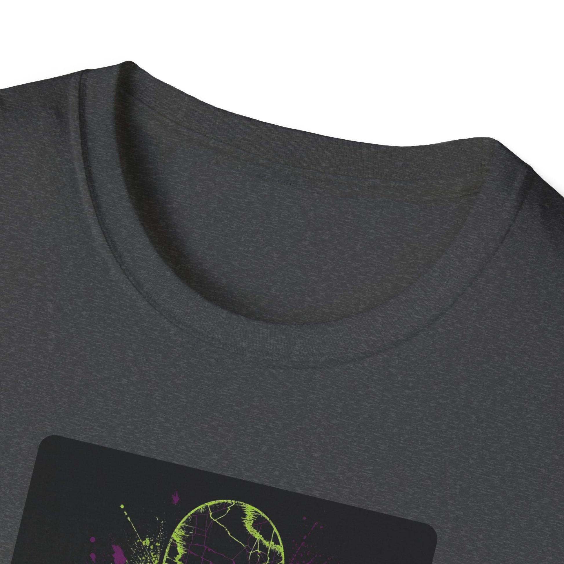 Neon Skull Skateboard – Electric Street Rebel T-Shirt in Dark Heather - Neckline