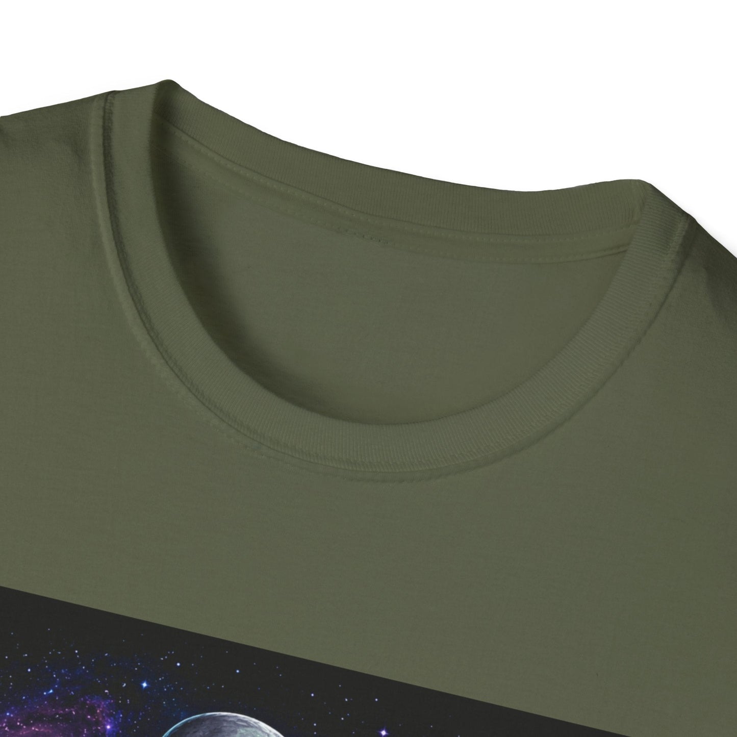 Neckline of Intergalactic Introvert alien T-Shirt in military green with sci-fi artwork