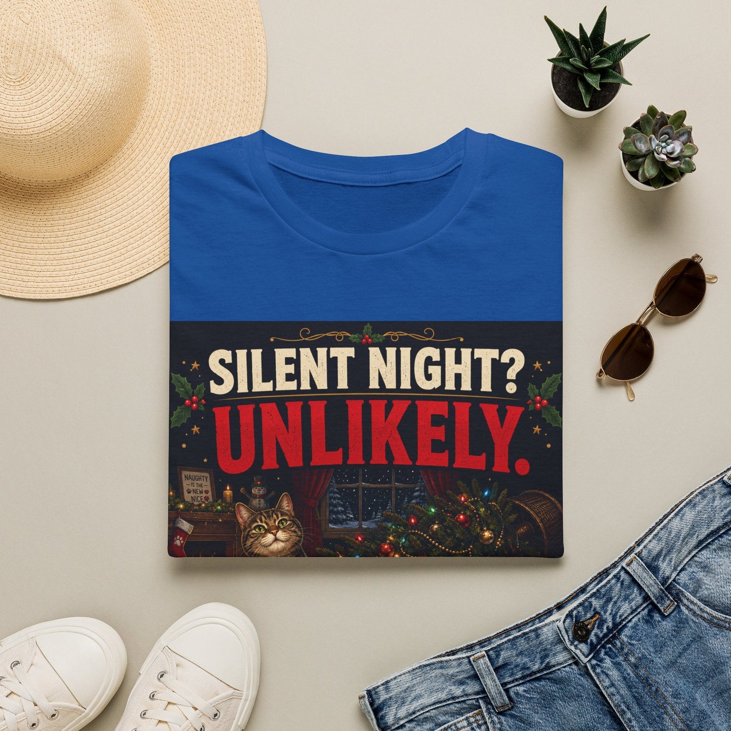 Folded Silent Night? Unlikely. Cat Christmas T-Shirt in royal showing a funny cat Christmas chaos design.
