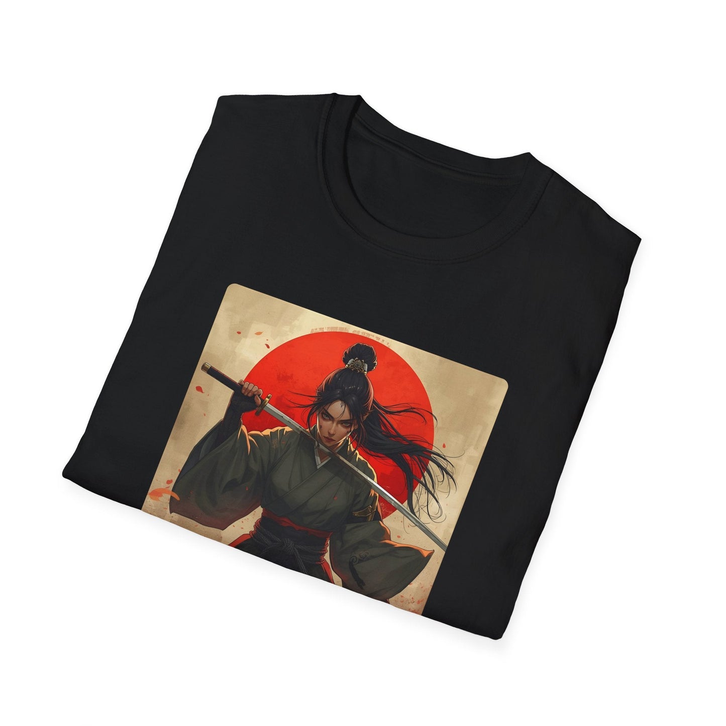 Folded Red Sun Resolve Samurai Warrior T-Shirt in black showing Japanese-inspired warrior artwork with a katana, red sun and dramatic battle-ready pose.