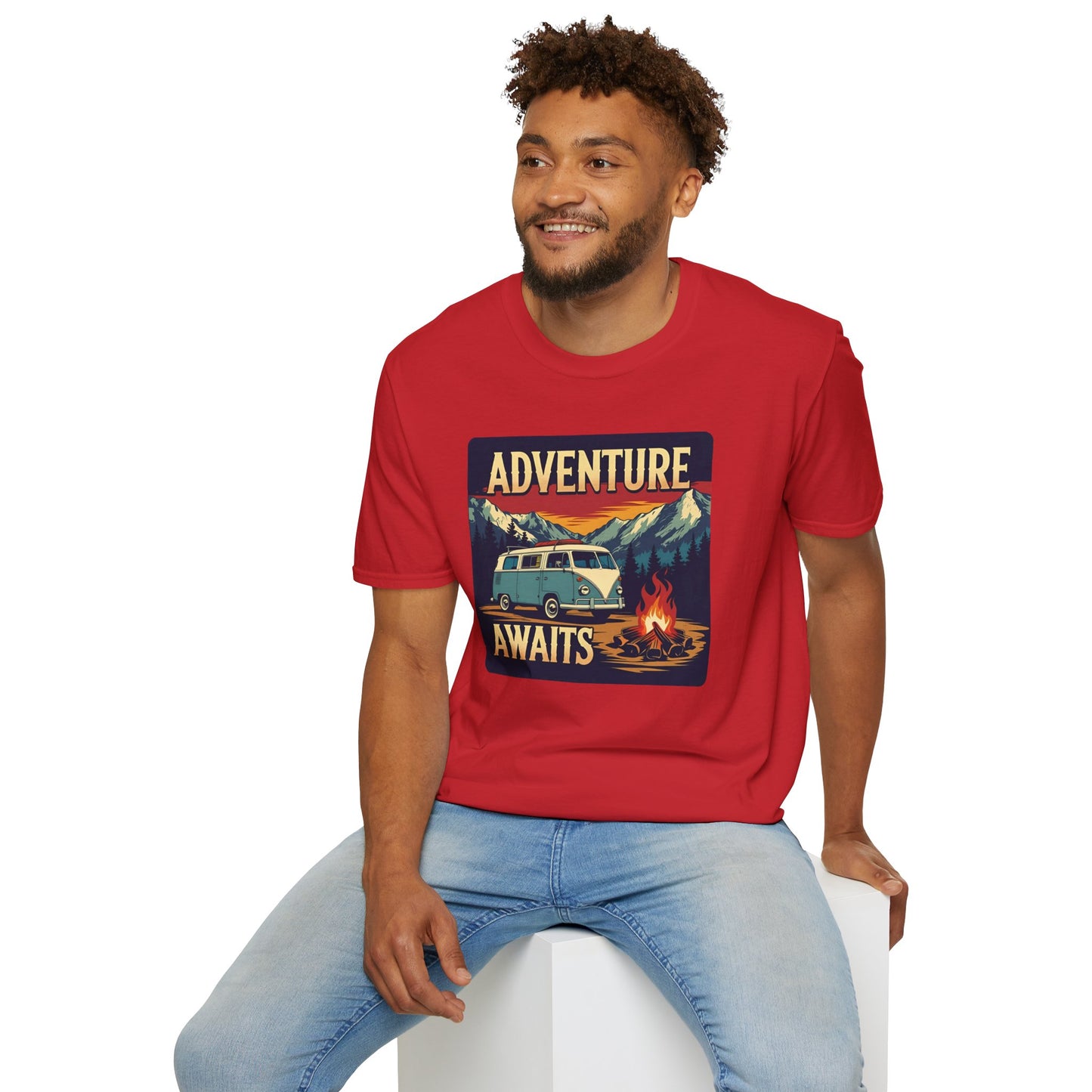 Adventure Awaits - Retro Camper Van Adventure T-Shirt in Red
