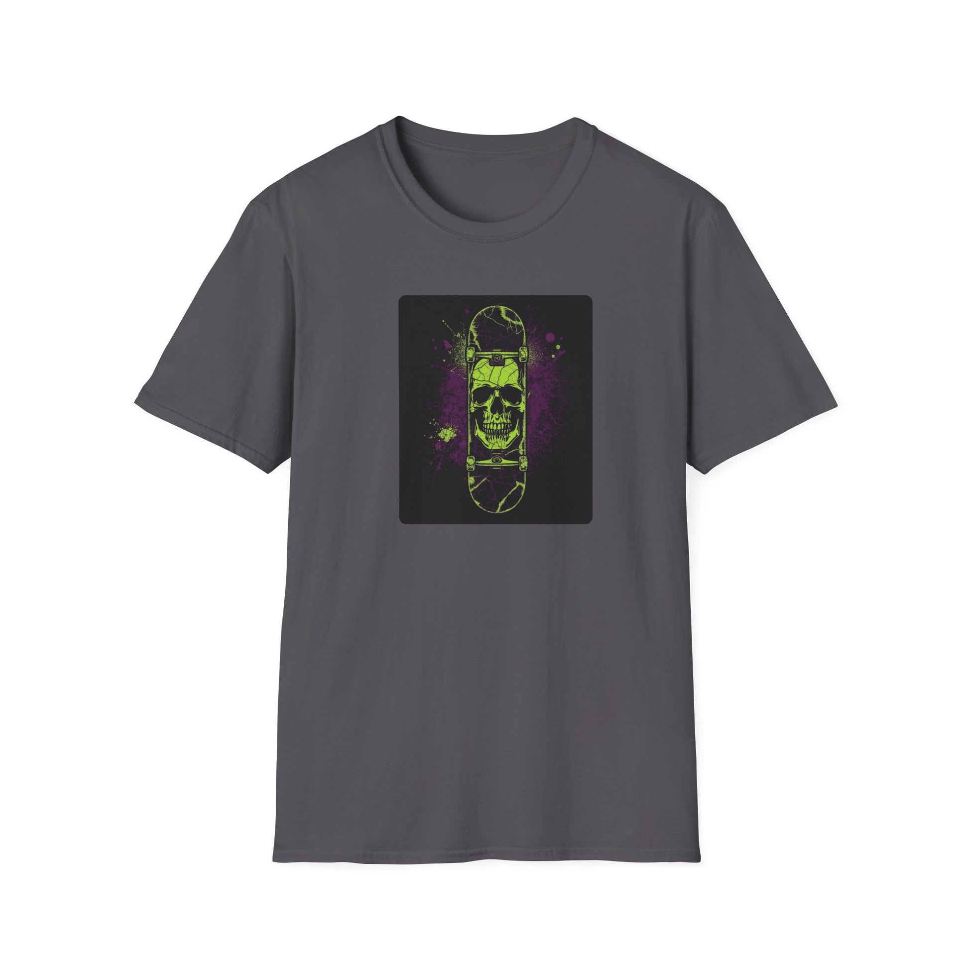 Neon Skull Skateboard – Electric Street Rebel T-Shirt in Charcoal