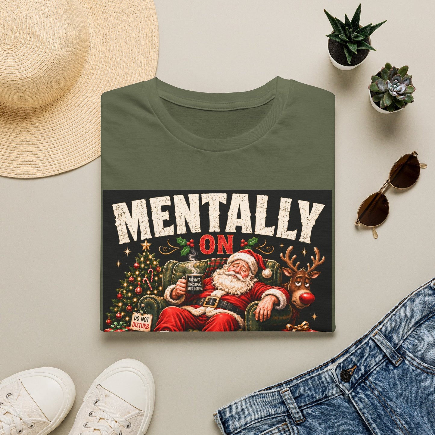 Folded Mentally on Boxing Day Santa Christmas T-Shirt in military green, showing funny Christmas burnout graphic.