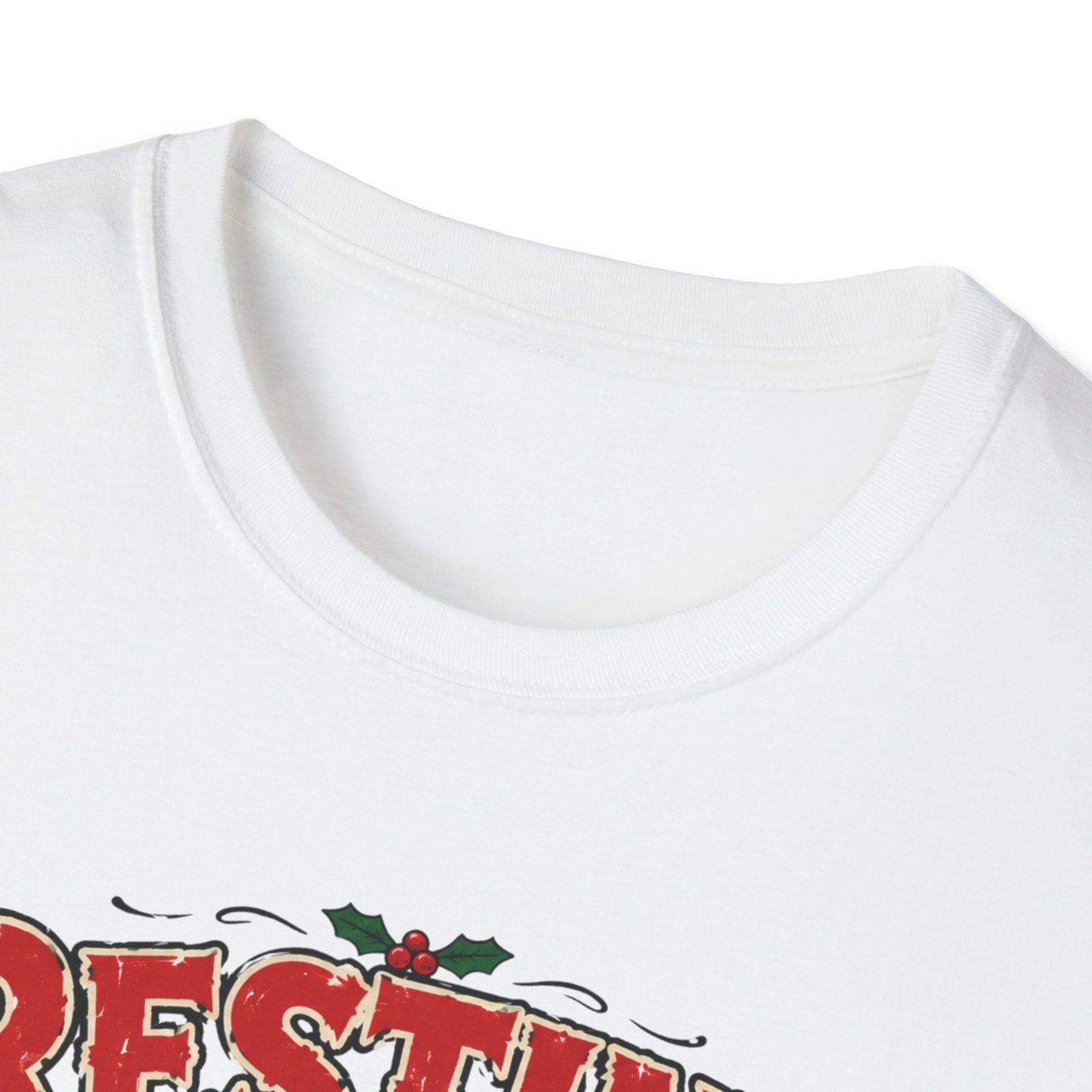 Close-up neckline image of the Resting Elf Face Christmas T-Shirt in white