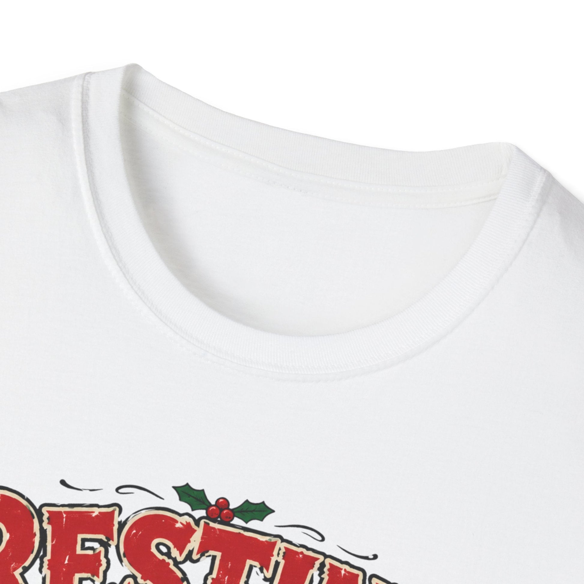 Close-up neckline image of the Resting Elf Face Christmas T-Shirt in white