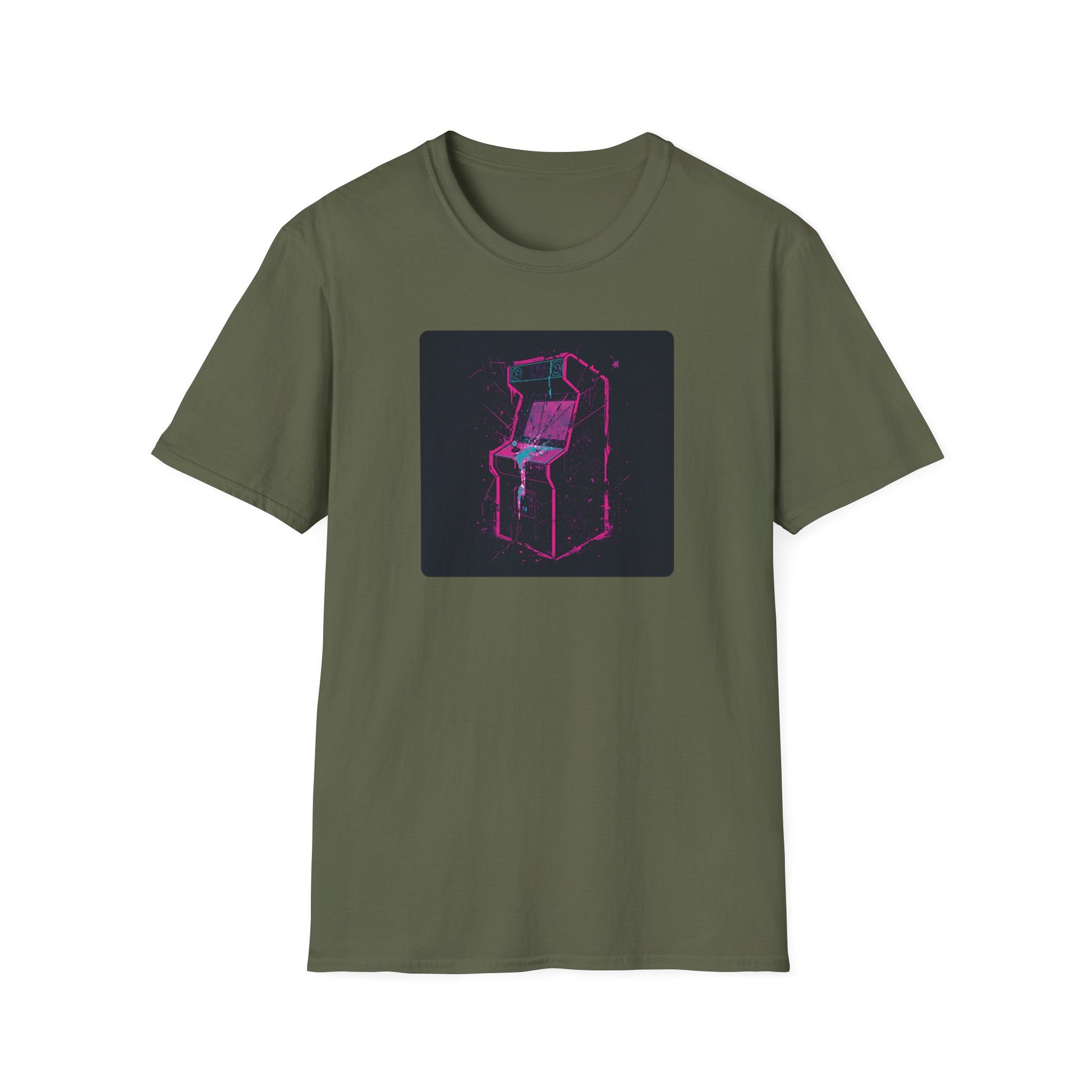 Insert Coin to Continue” — Retro Arcade Machine T-Shirt in Military Green