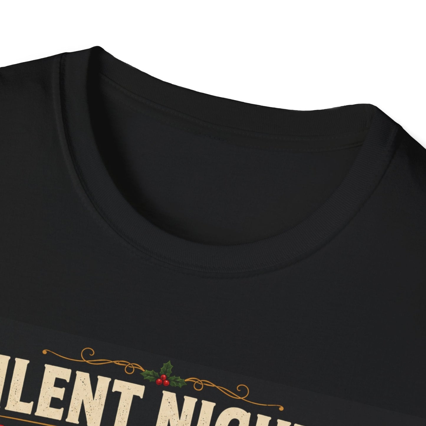 Close-up neckline image of the Silent Night? Unlikely. Cat Christmas T-Shirt in black