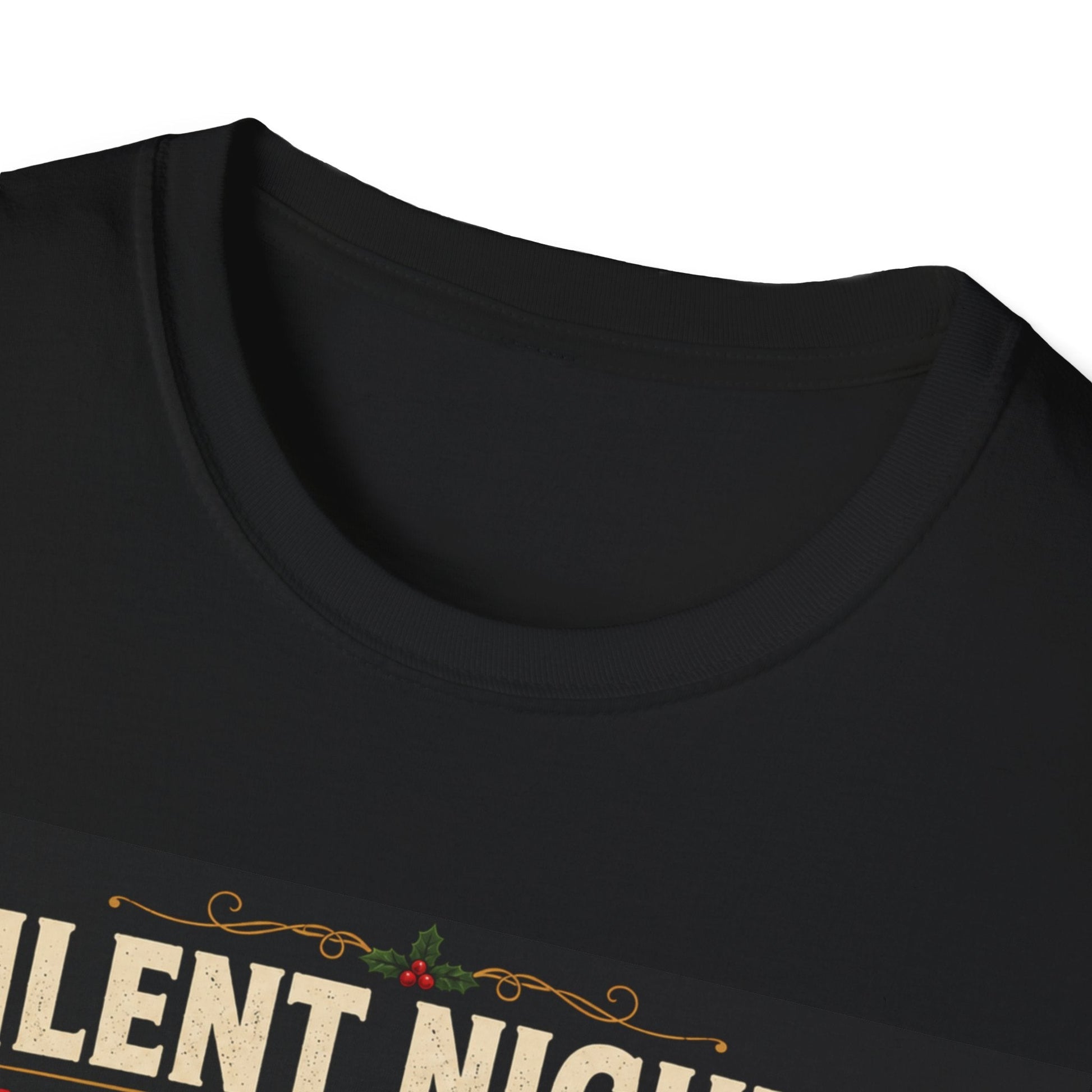 Close-up neckline image of the Silent Night? Unlikely. Cat Christmas T-Shirt in black