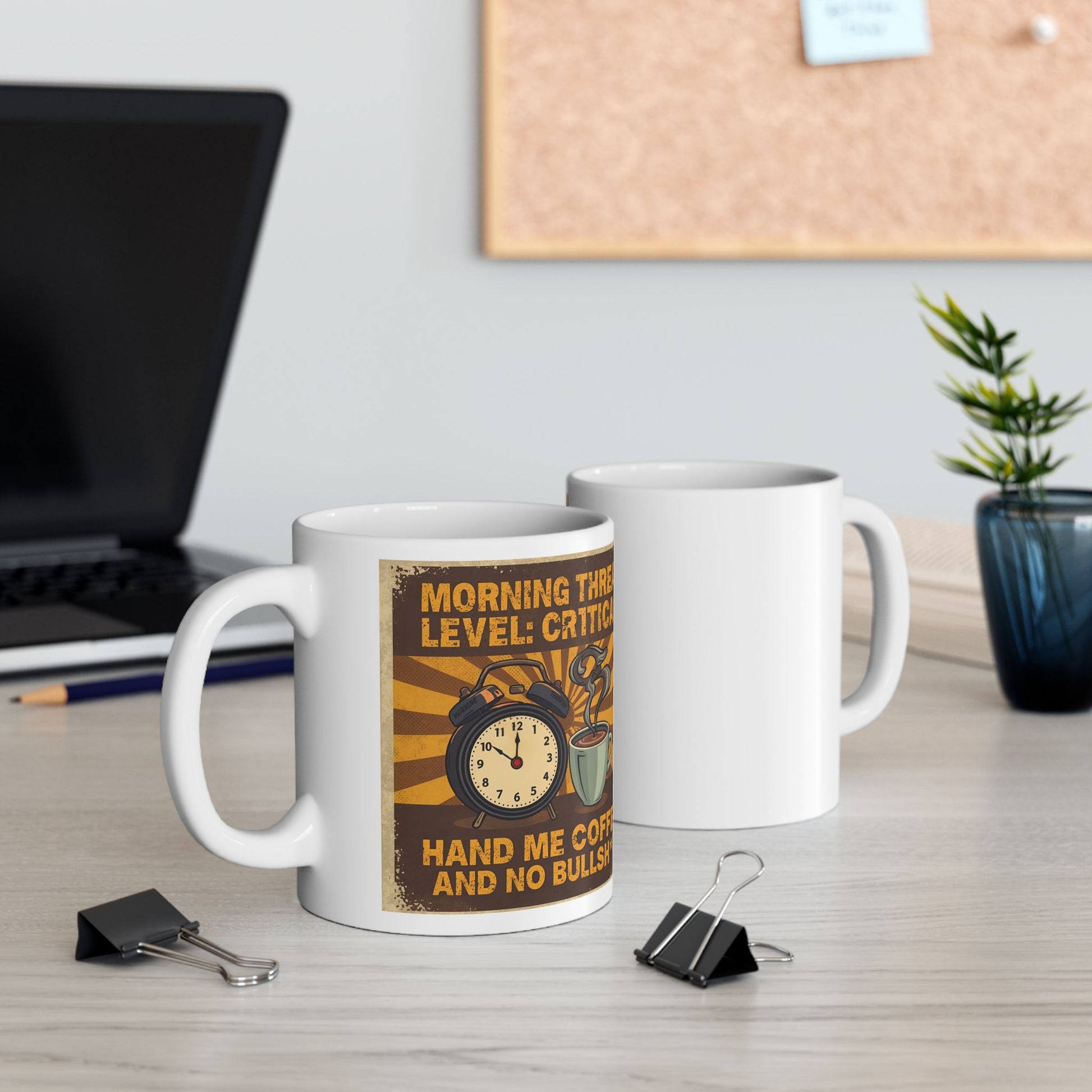 Morning Threat Level Critical - Funny Coffee Mug - two coffee mugs with front and back view - white mug with funny image