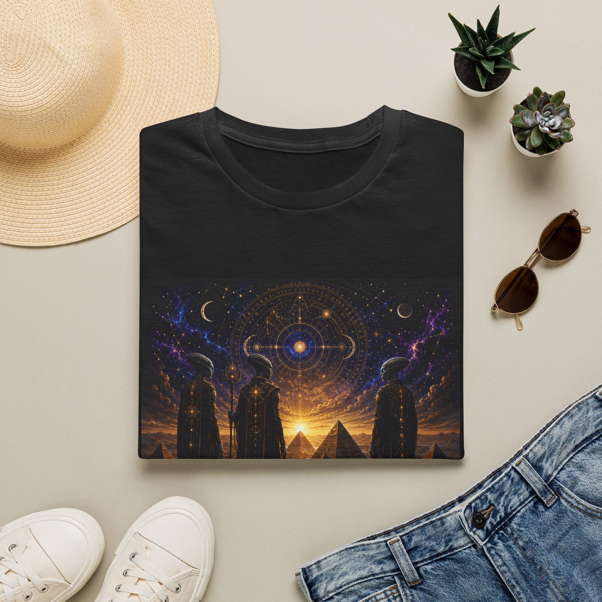 Folded They Remember the First Sky T-Shirt in black with cinematic ancient alien pyramid artwork displayed on the front.
