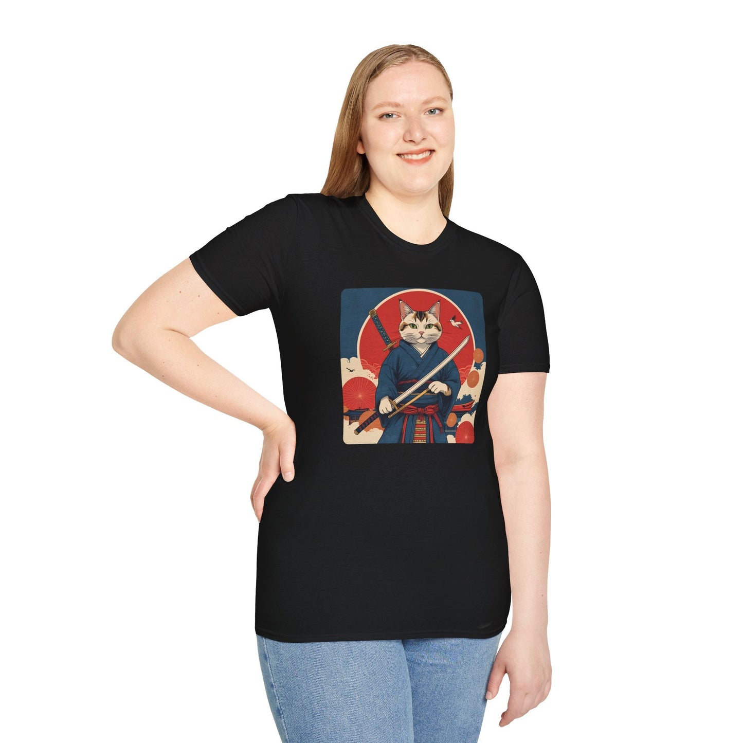 Model wearing the Whisper of the Blade Samurai Cat T-Shirt in black featuring a samurai cat holding a sword in front of a red sun.