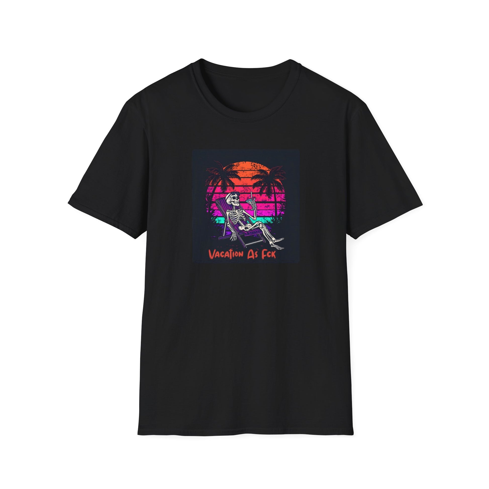 Vacation As Fck T-Shirt – Chill Neon Skeleton Beach Tee in Black