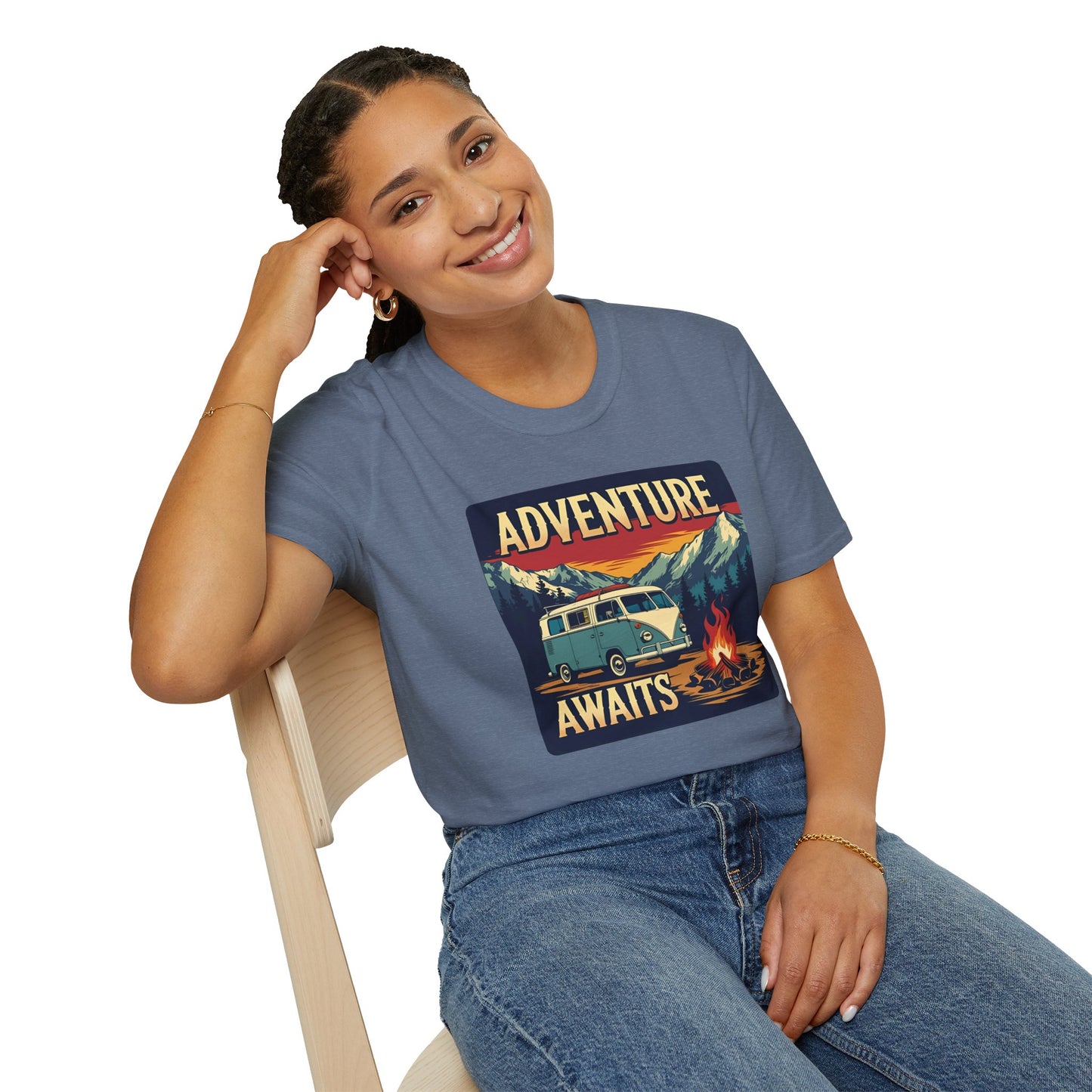 Adventure Awaits - Retro Camper Van Adventure T-Shirt in Heather Indigo