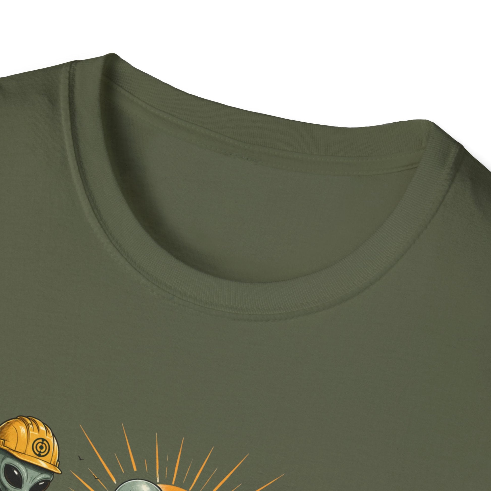 Close-up neckline view of the Crop Circle Maintenance Crew T-Shirt in military green with alien crop circle artwork visible on the front.