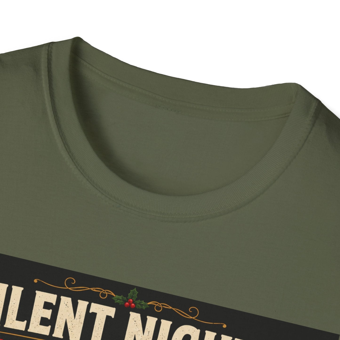 Close-up neckline image of the Silent Night? Unlikely. Cat Christmas T-Shirt in military green