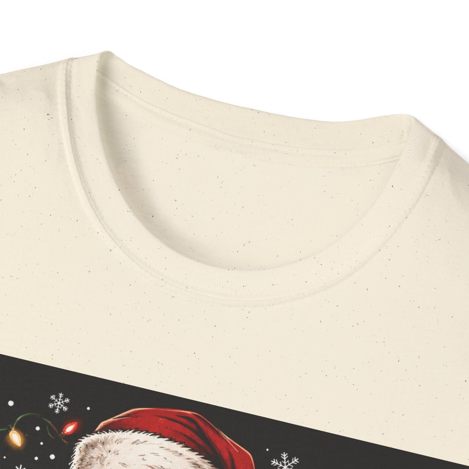 Close-up neckline image of the Santa Saw That Christmas T-Shirt in natural