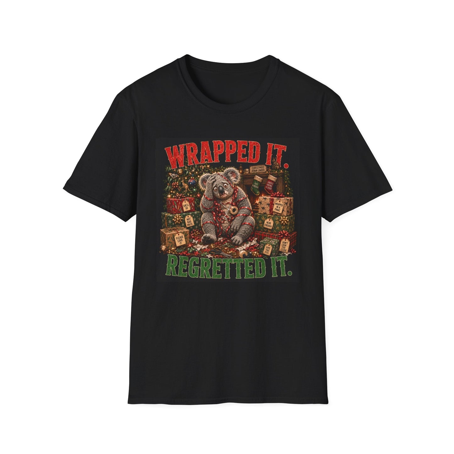 Wrapped It. Regretted It. Koala Christmas T-Shirt in black, design with a funny Australian koala tangled in ribbon.