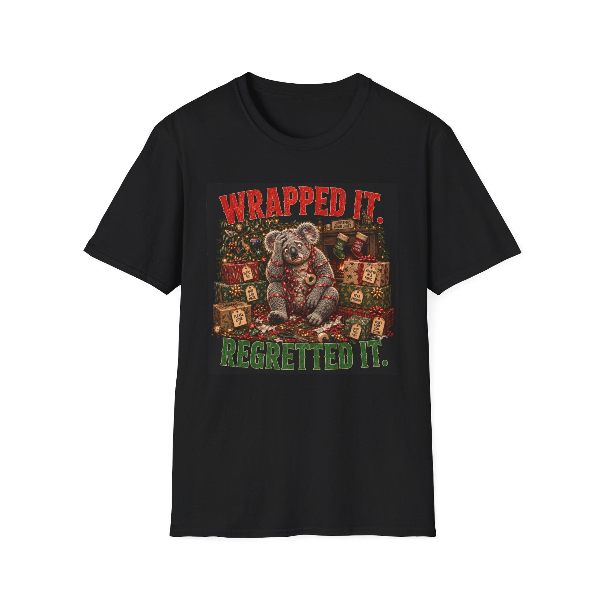 Wrapped It. Regretted It. Koala Christmas T-Shirt in black, design with a funny Australian koala tangled in ribbon.