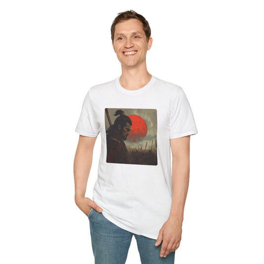 Model wearing the After the Silence Samurai Beneath the Blood Moon T-Shirt in white featuring a Japanese-inspired samurai warrior beneath a dramatic red moon.