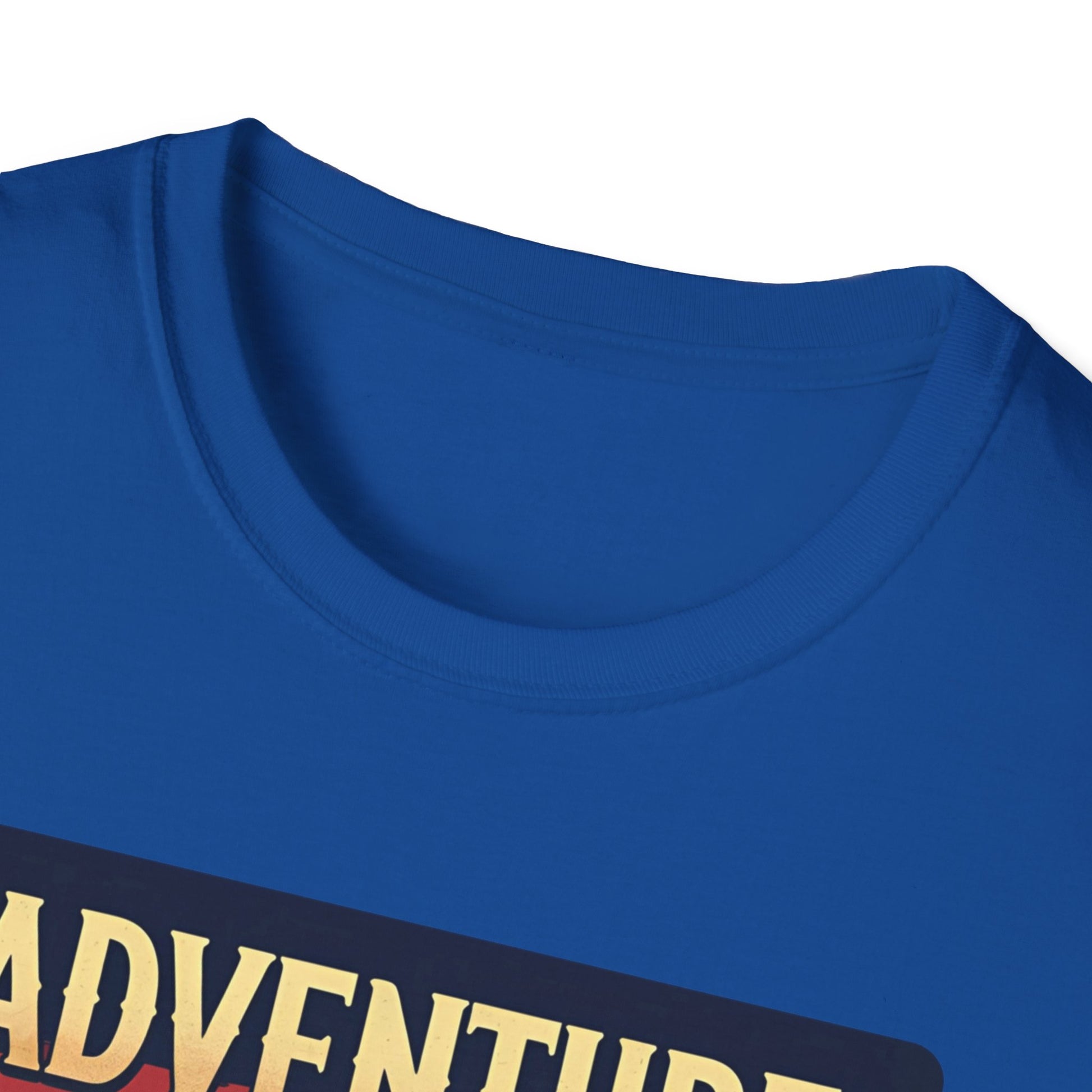 Adventure Awaits - Retro Camper Van Adventure T-Shirt in Royal - Neckline