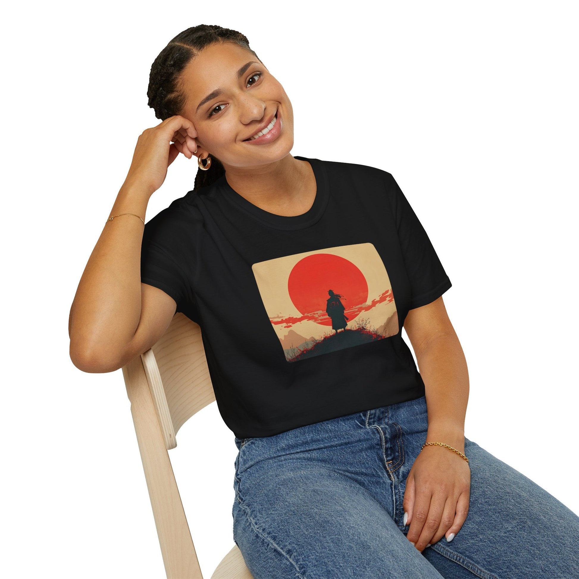 Model wearing the Longing Samurai Beneath the Crimson Sun T-Shirt in black featuring a lone samurai silhouette beneath a large crimson sun.