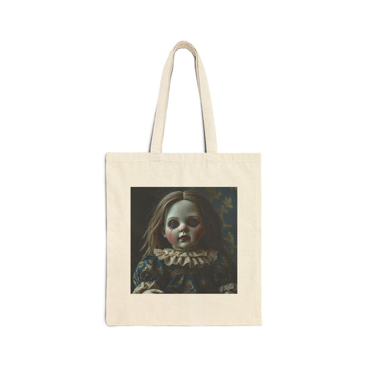 Lizzie - Spooky Vintage Doll Canvas Tote Bag in Neutral