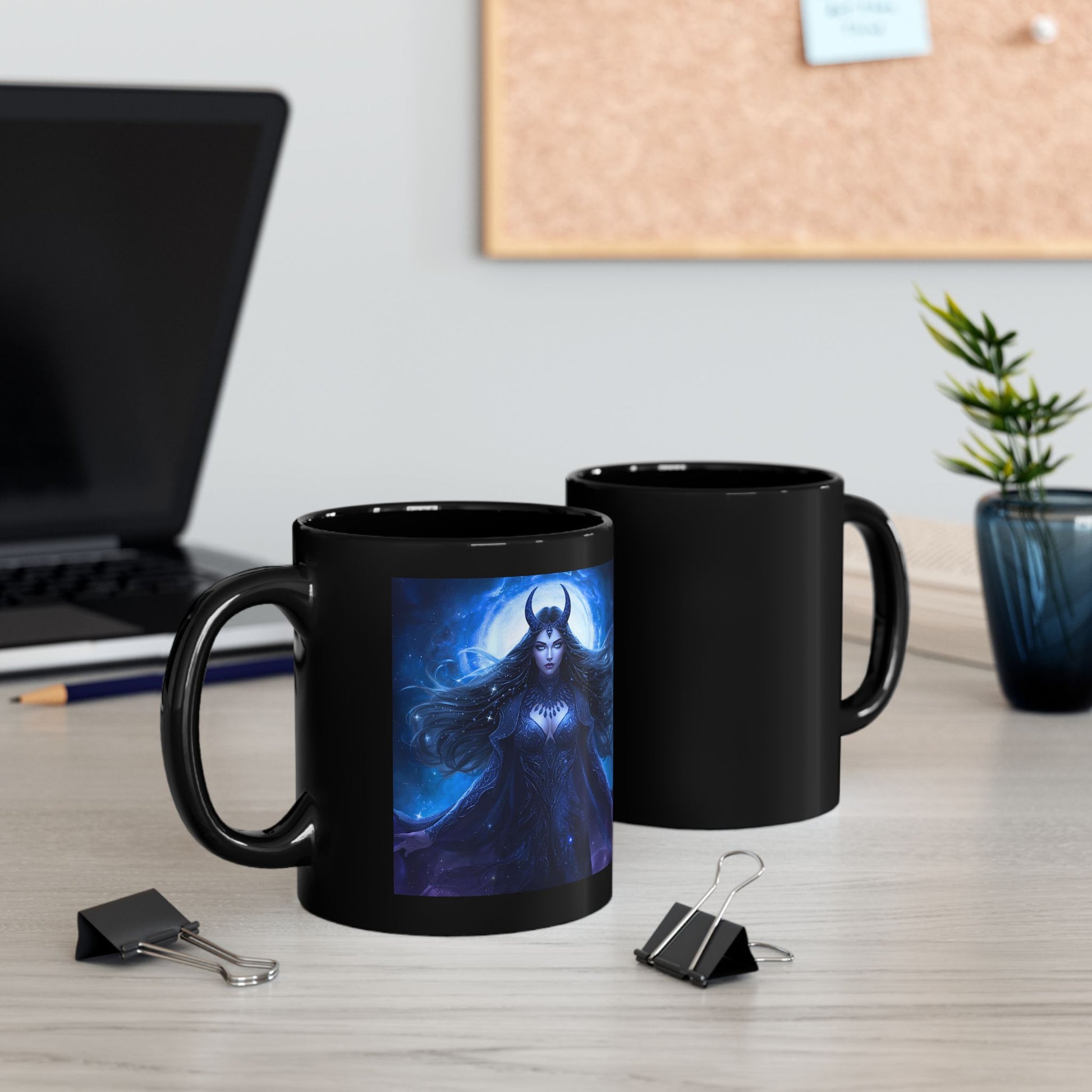Nyx Mug with goddess of night artwork - front and back view