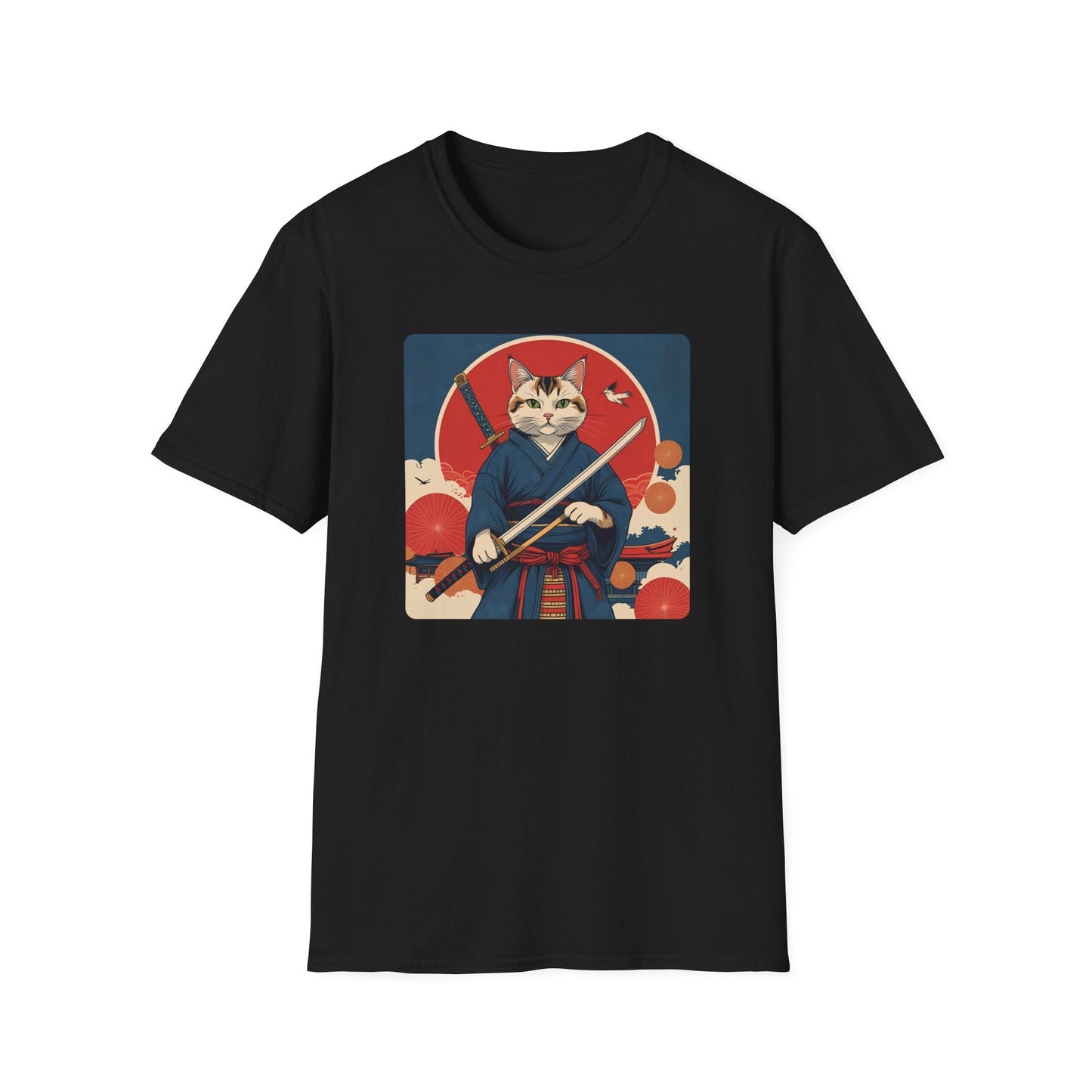 Whisper of the Blade Samurai Cat T-Shirt in black, artwork featuring a calm cat warrior in samurai robes holding a sword beneath a bold red sun.