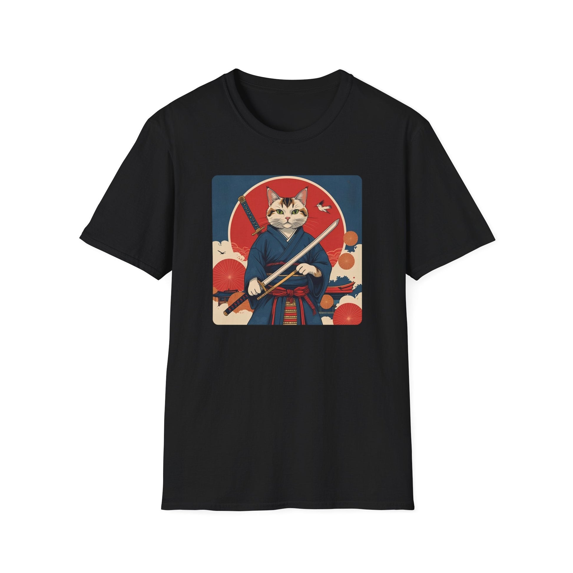 Whisper of the Blade Samurai Cat T-Shirt in black, artwork featuring a calm cat warrior in samurai robes holding a sword beneath a bold red sun.